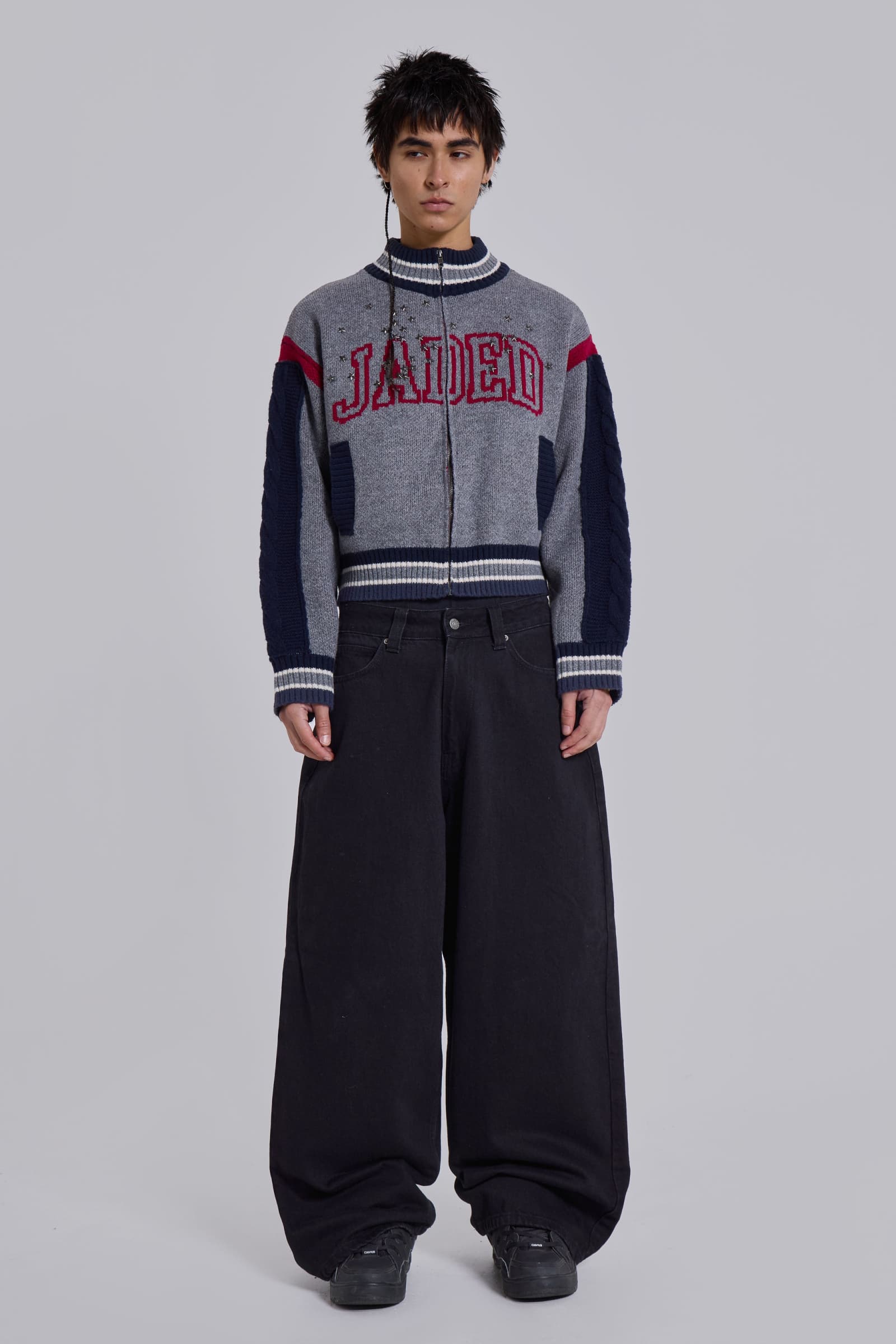 Grey Studded Knitted Bomber Jacket