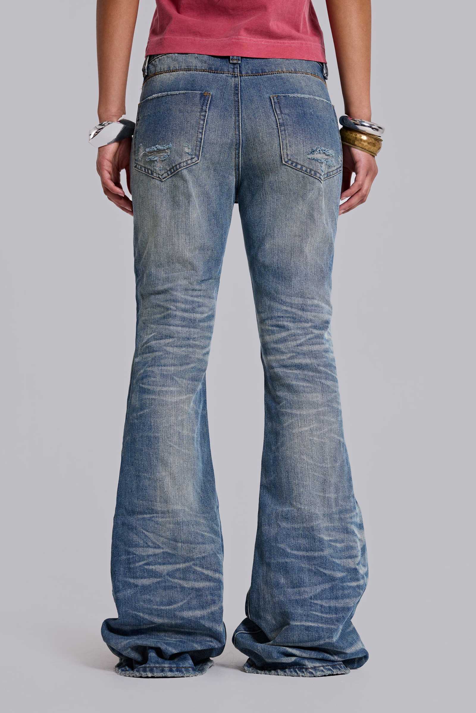 Mid Blue Distressed Creased Drift Flared Jeans