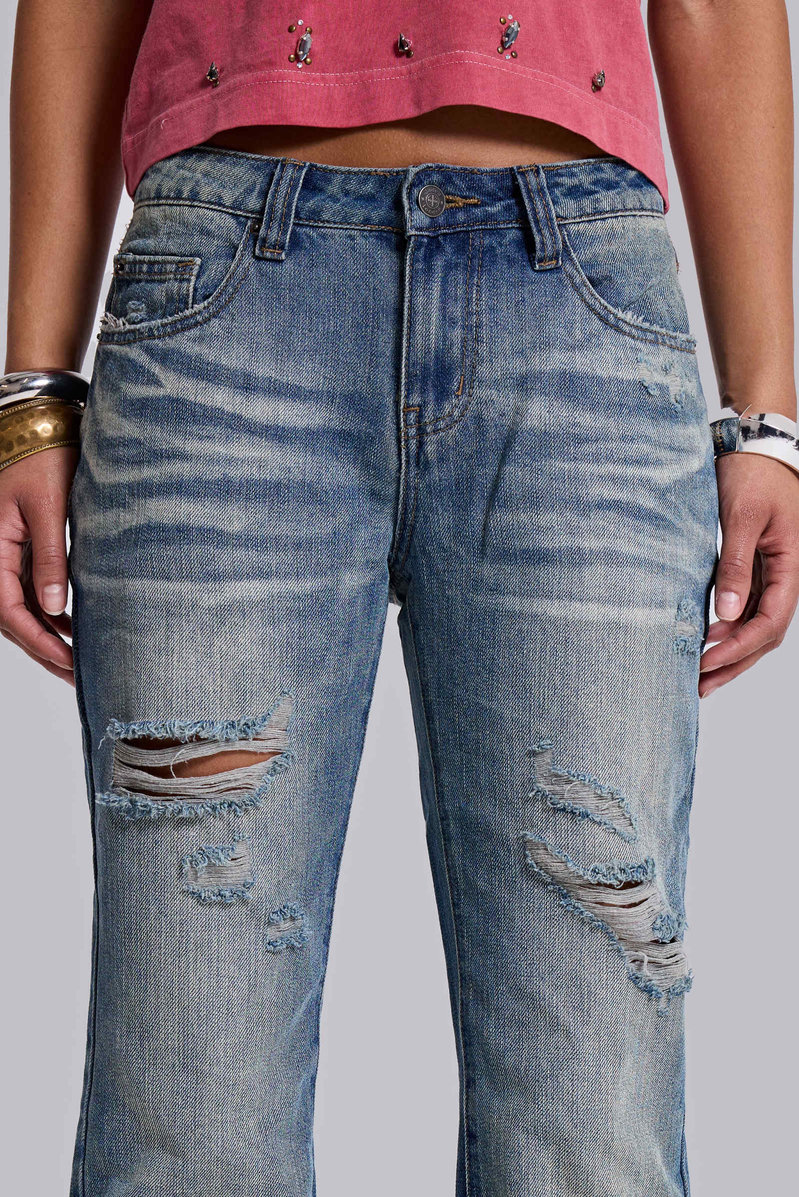 Mid Blue Distressed Creased Drift Flared Jeans