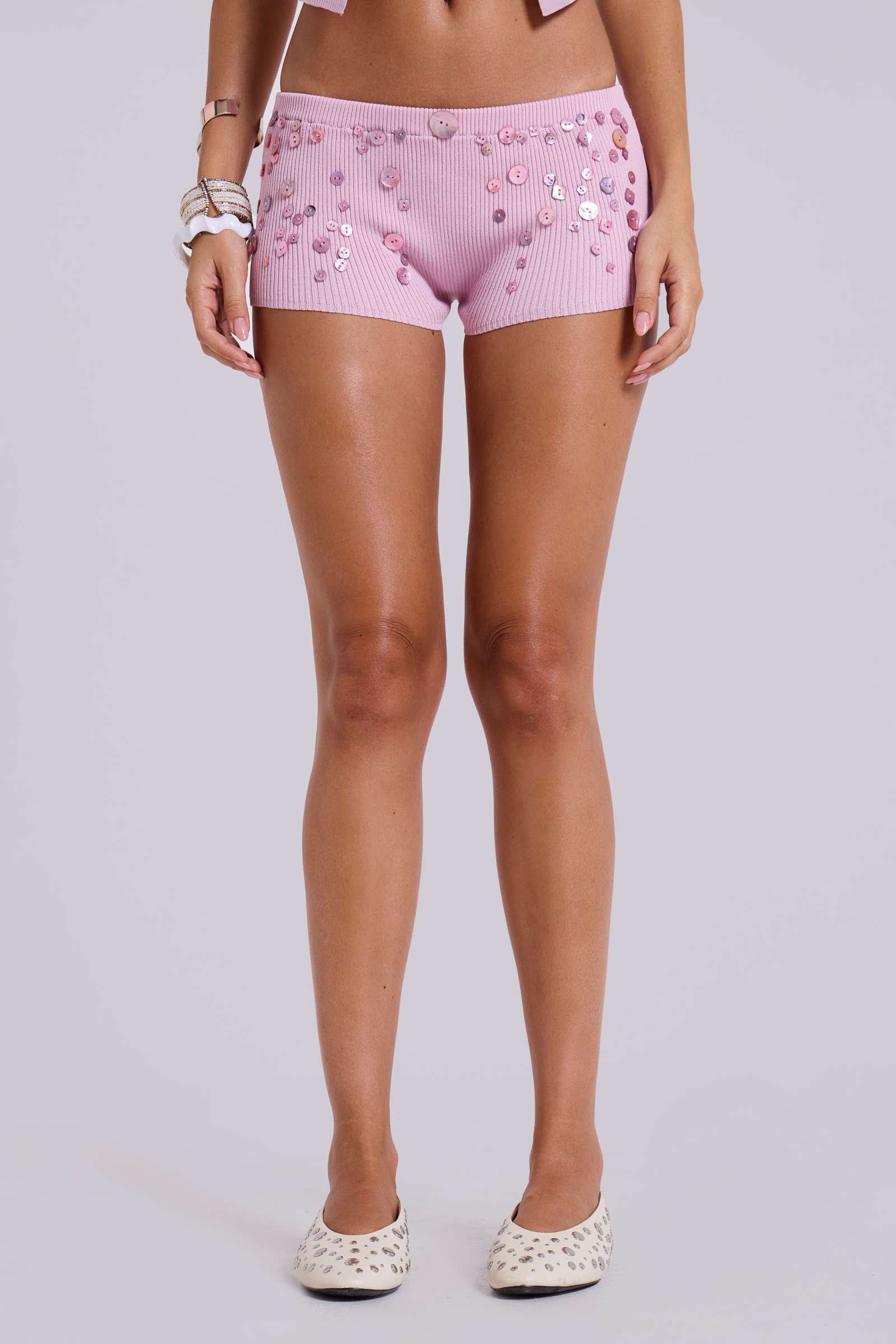 Azalea Button Knit Mini Shorts in Phlox