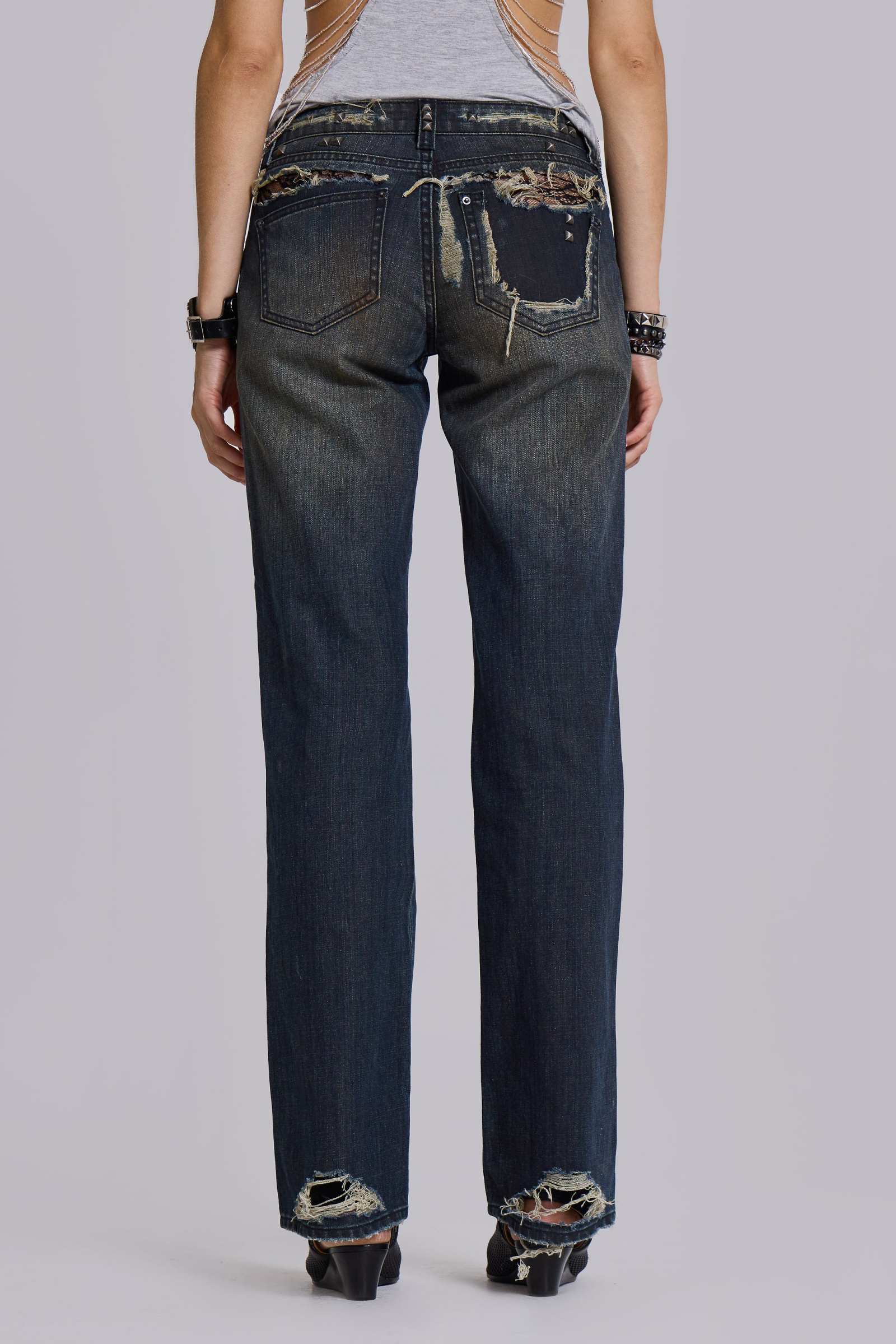 Tori Distressed Lace Low Rise Bootcut Jeans