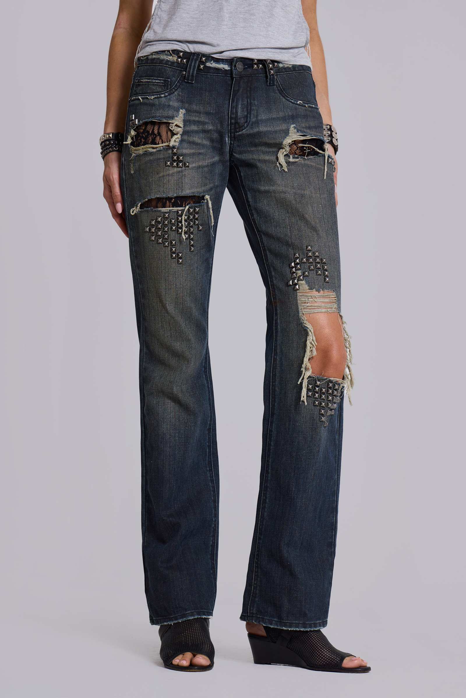 Tori Distressed Lace Low Rise Bootcut Jeans