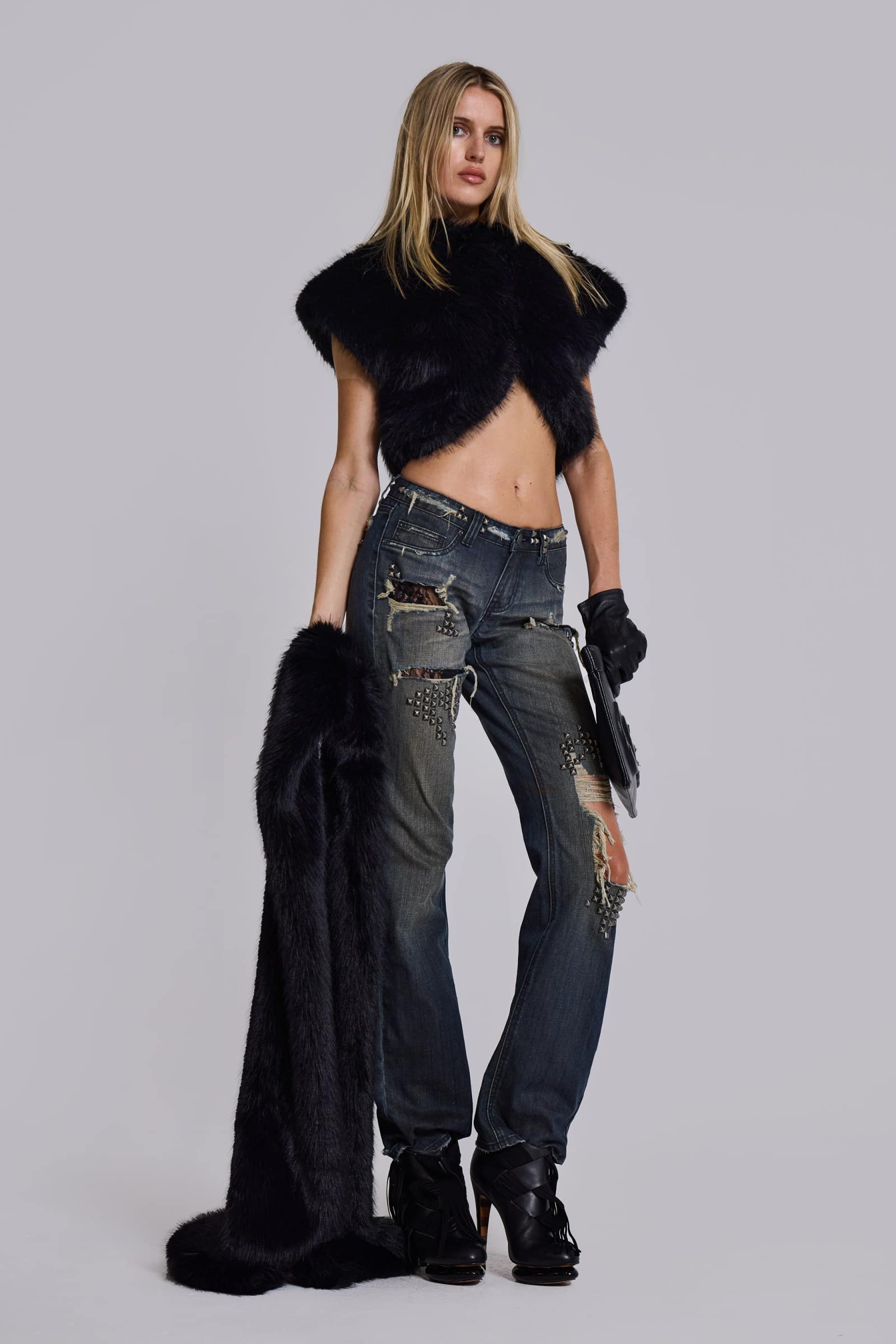 Tori Distressed Lace Low Rise Bootcut Jeans
