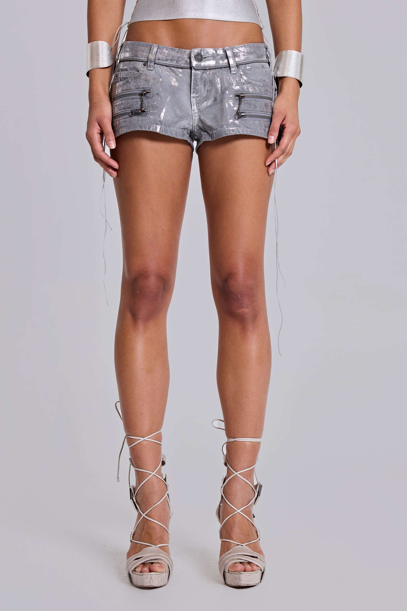 Ardor Coated Mini Denim Shorts in Silver