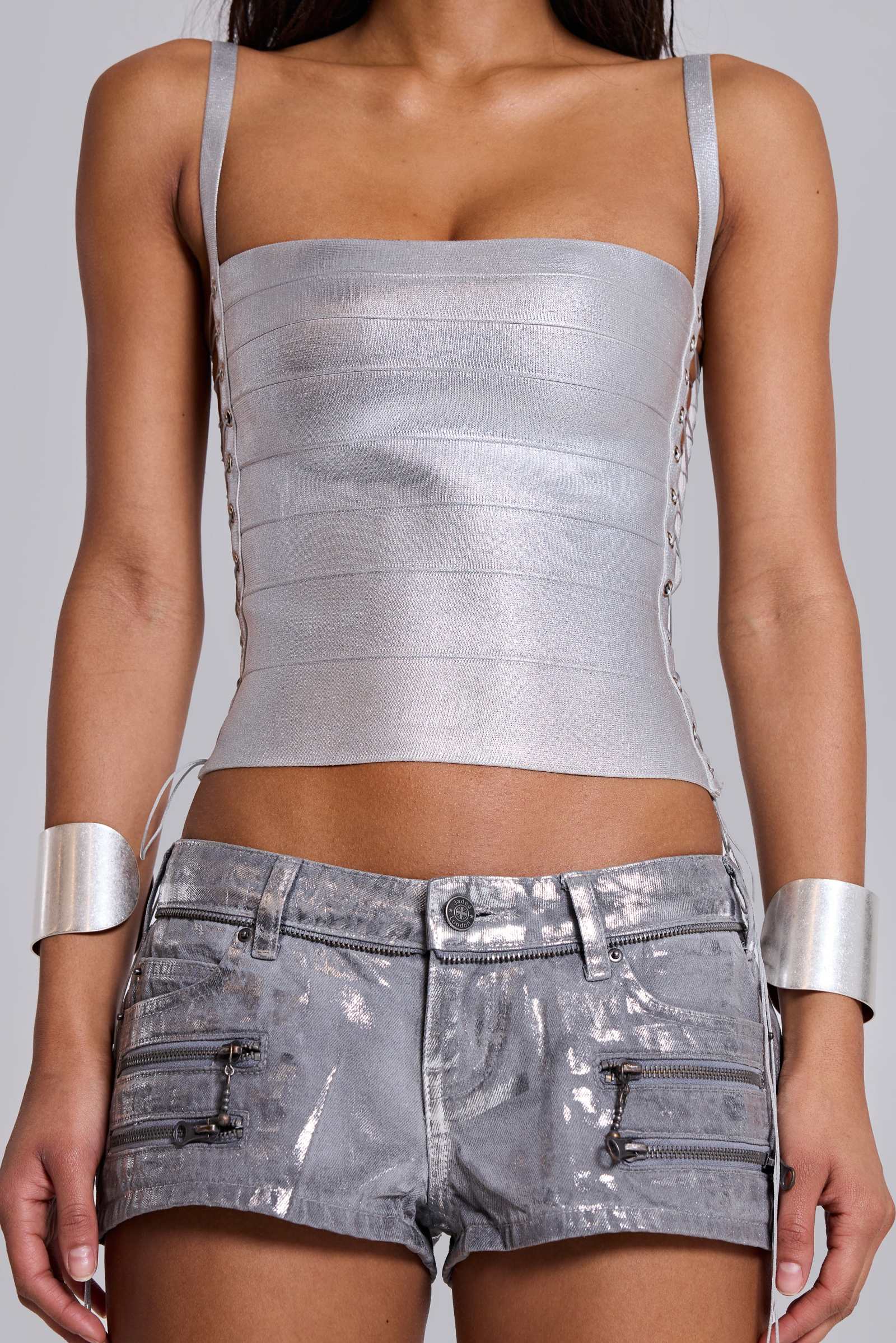 Ardor Coated Mini Denim Shorts in Silver