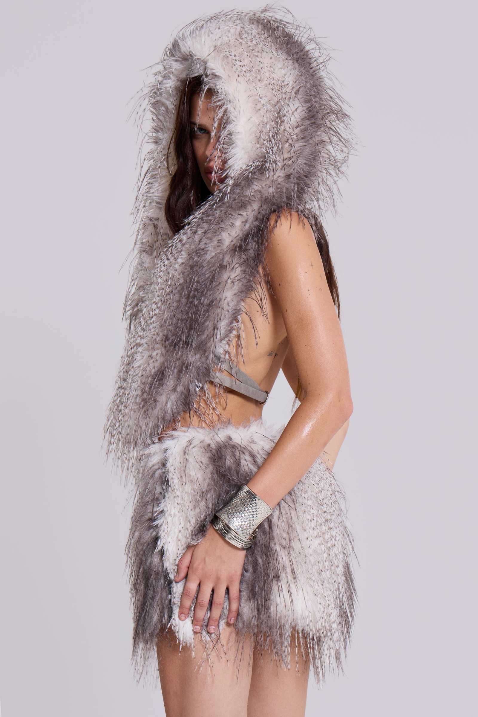 Haka Faux Feather Fur Backless Top