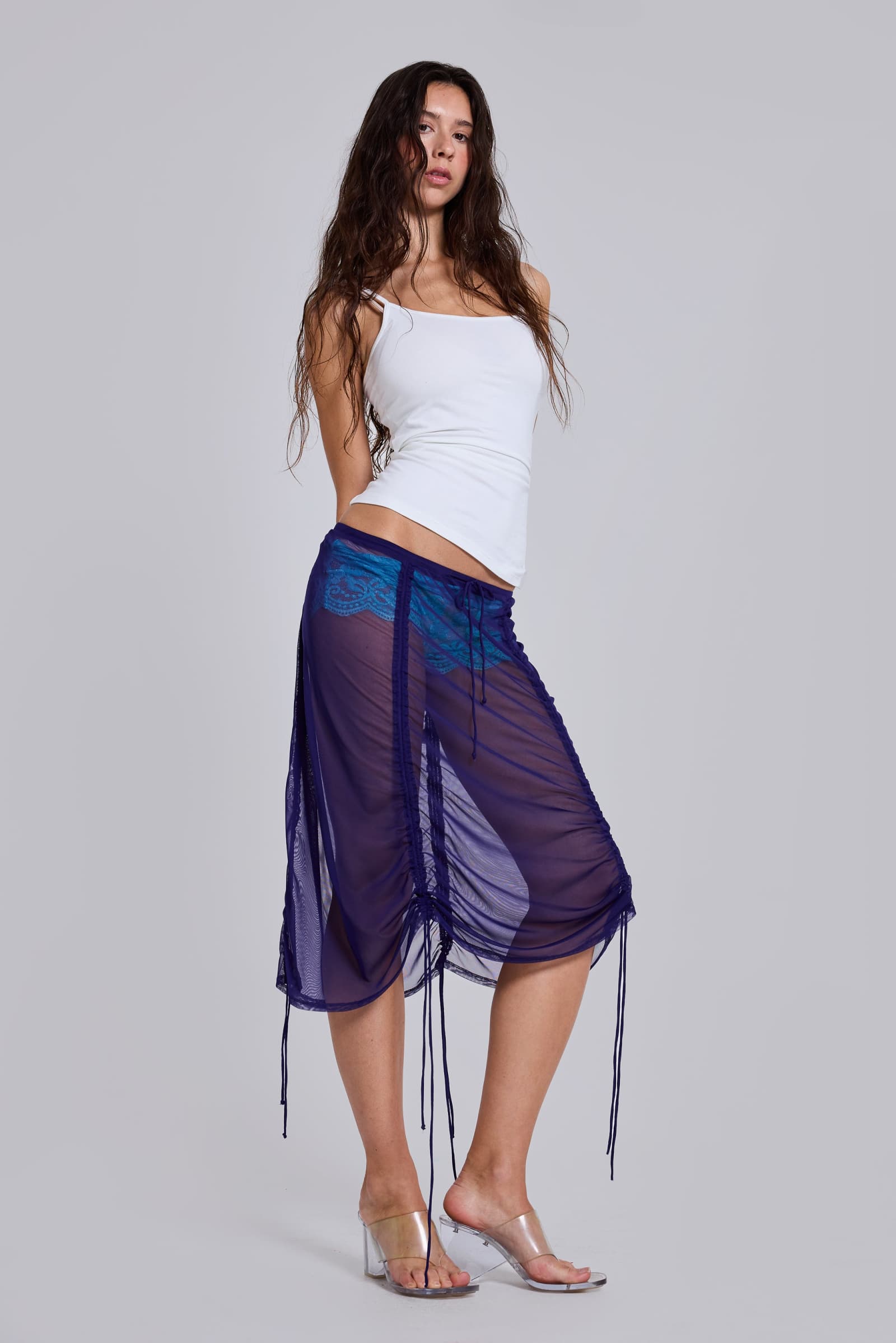 Velare Ruched Mesh Midi Skirt