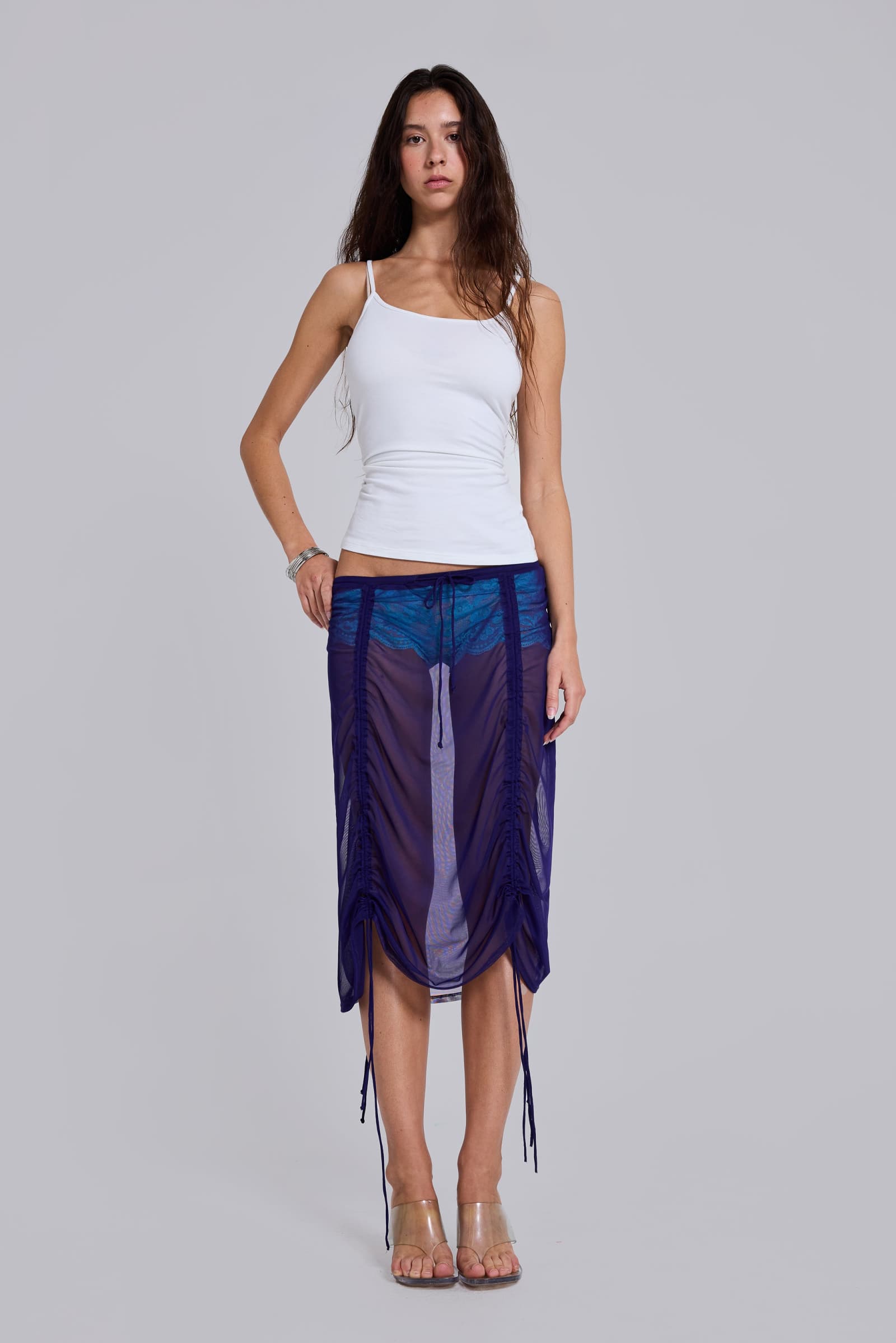 Velare Ruched Mesh Midi Skirt