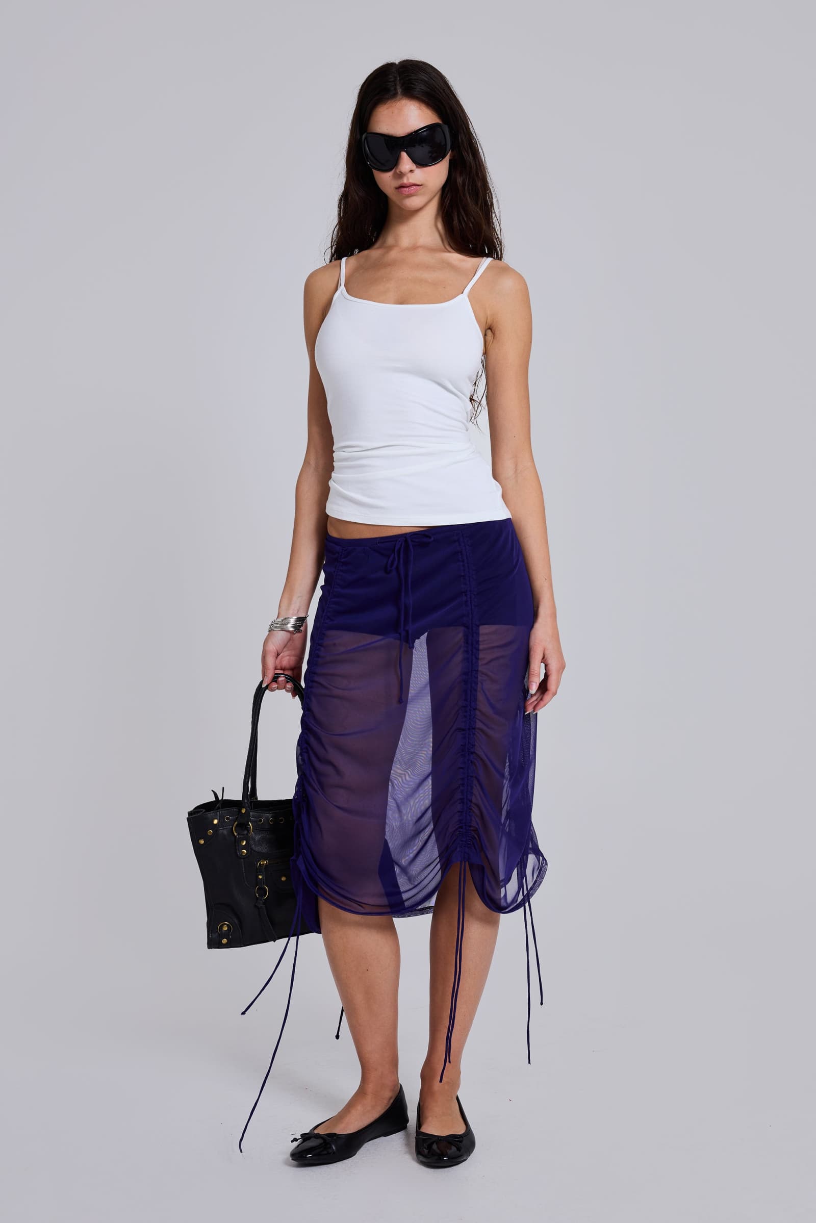 Velare Ruched Mesh Midi Skirt