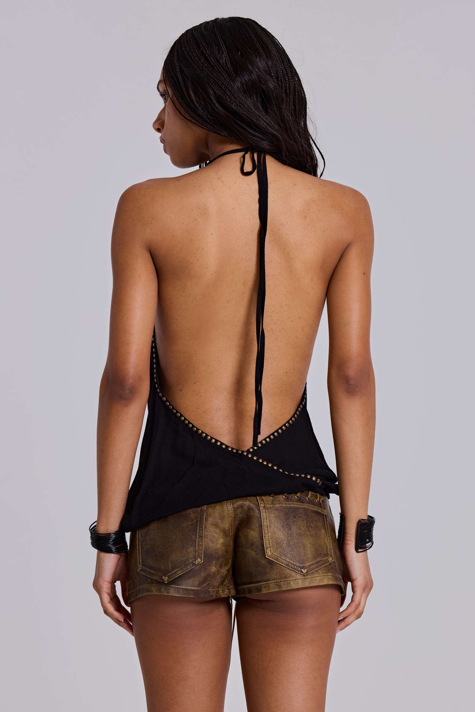 Vaca Whipstitch Faux Leather Mini Shorts in Brown