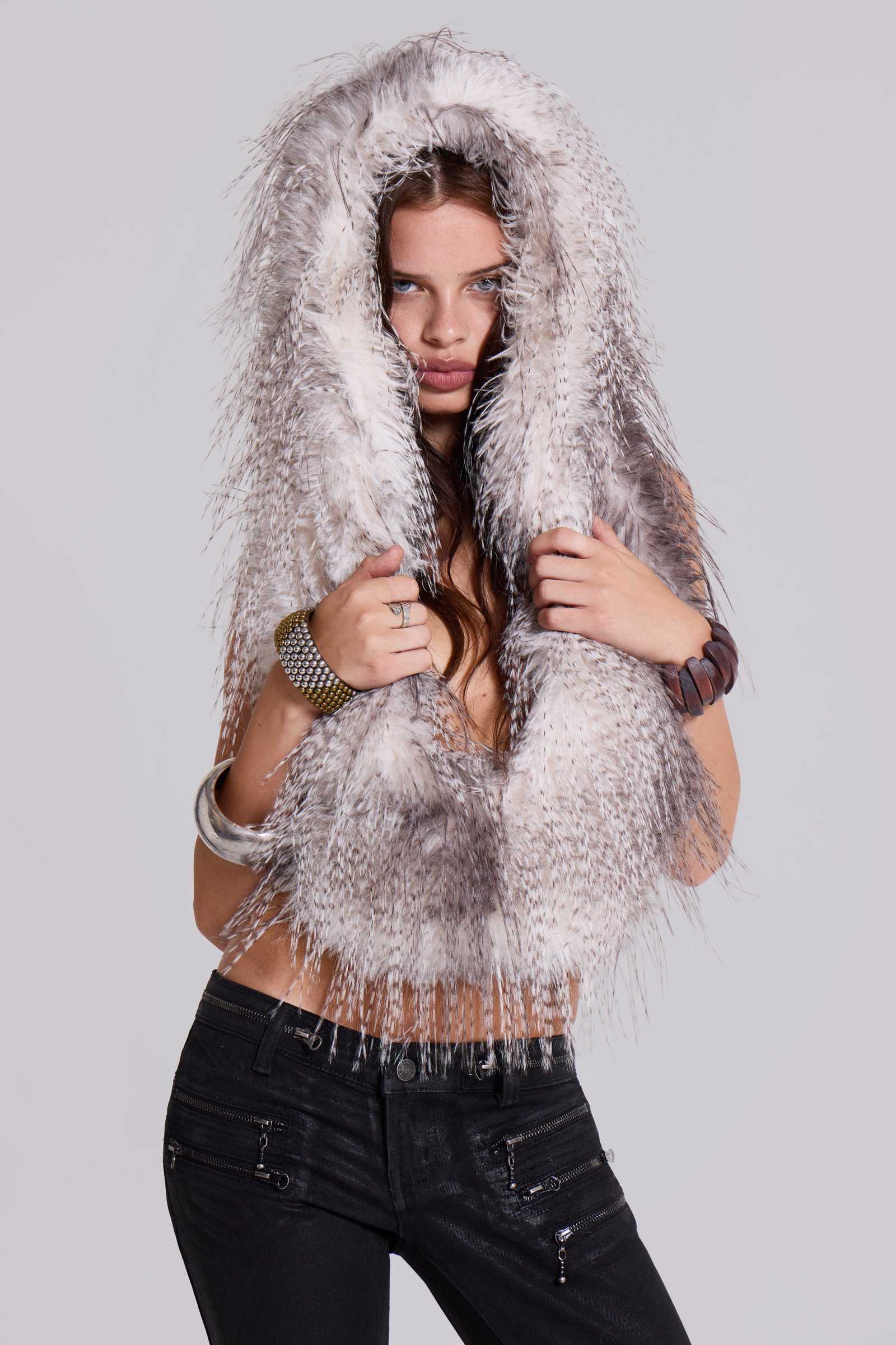 Haka Faux Feather Fur Backless Top