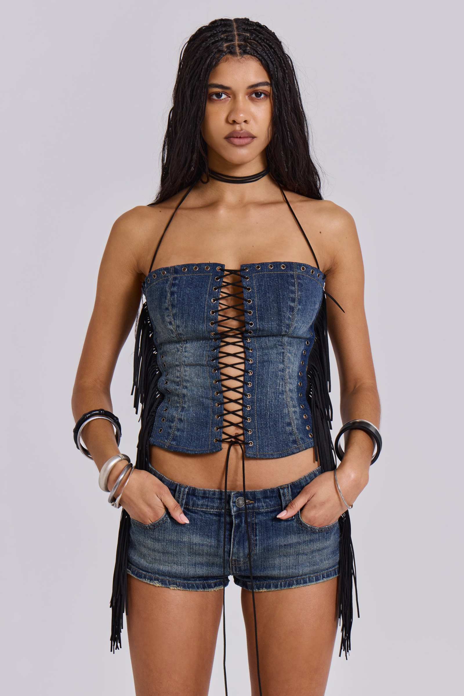 Odile Denim Fringe Lace Up Corset