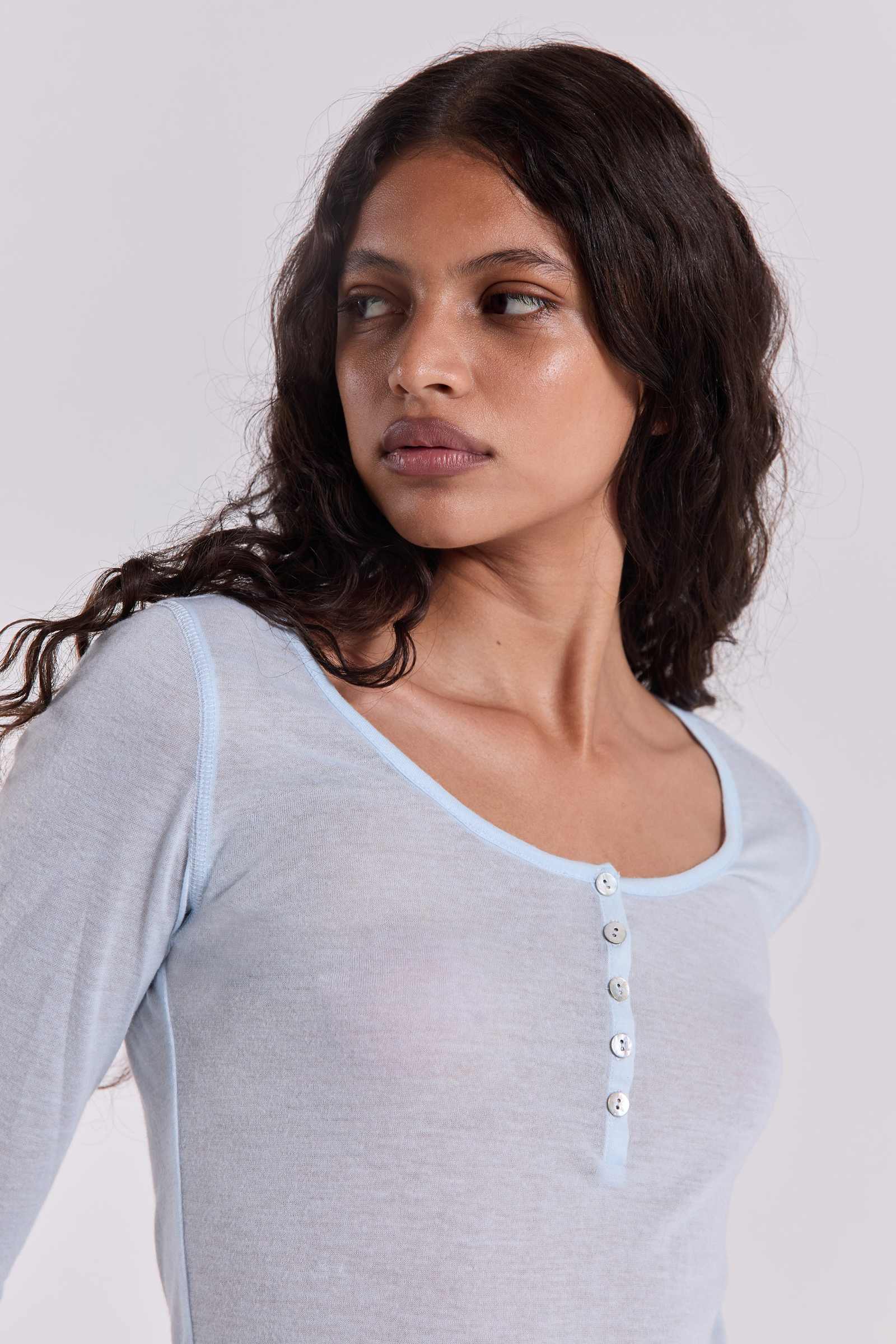 Sheer Henley Top In Sky | Jaded London | Clothing