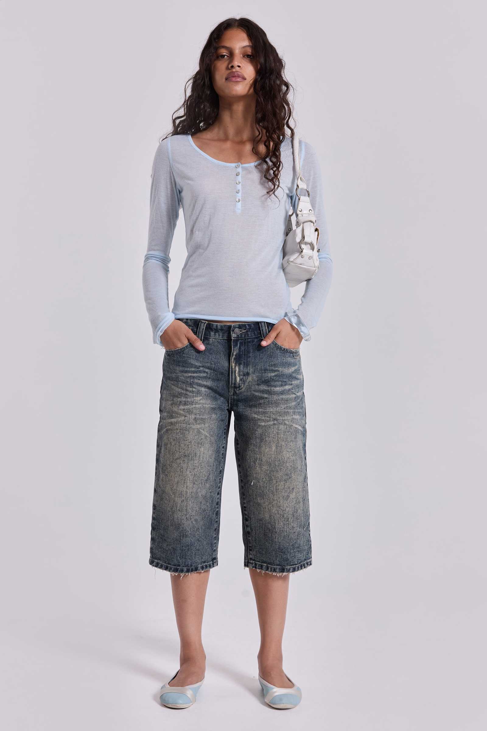 Sheer Henley Top In Sky | Jaded London | Clothing