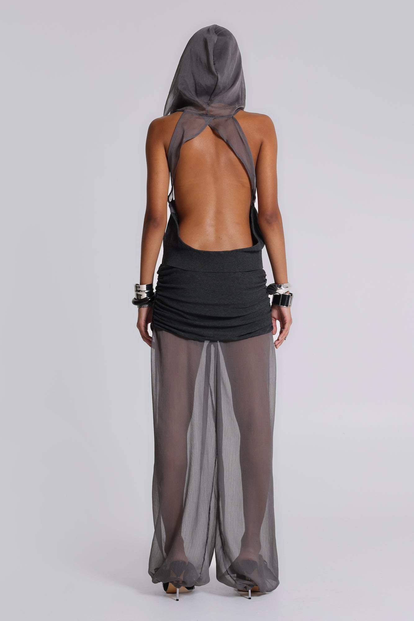 Lurien Backless Hooded Chiffon Knit Top