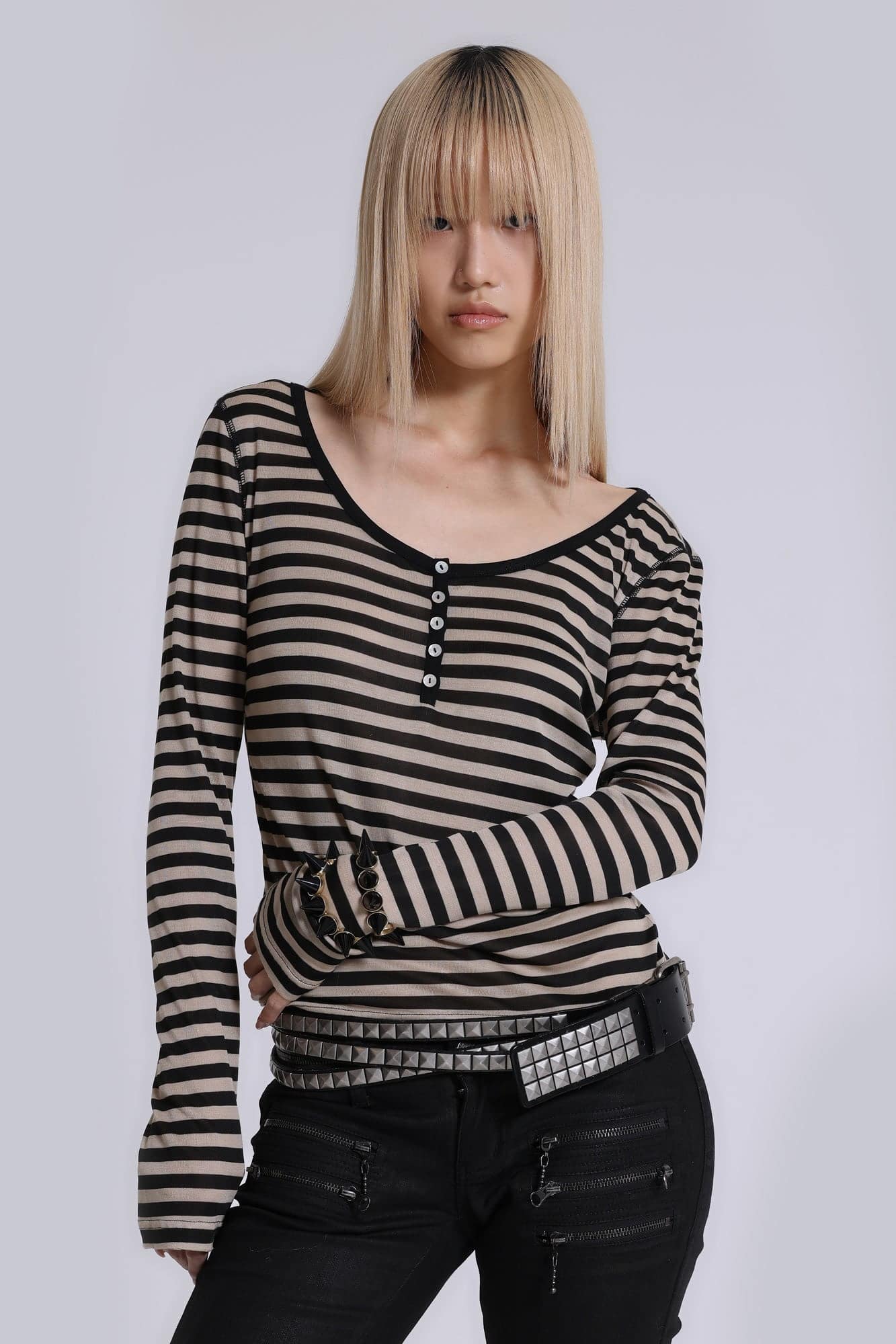 Sheer Henley Top In Stripe