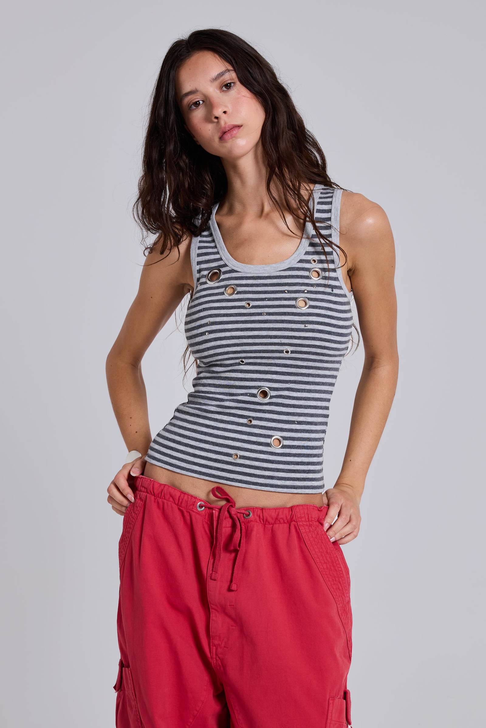 Eye Contact Vest Top With Eyelets in Stripe