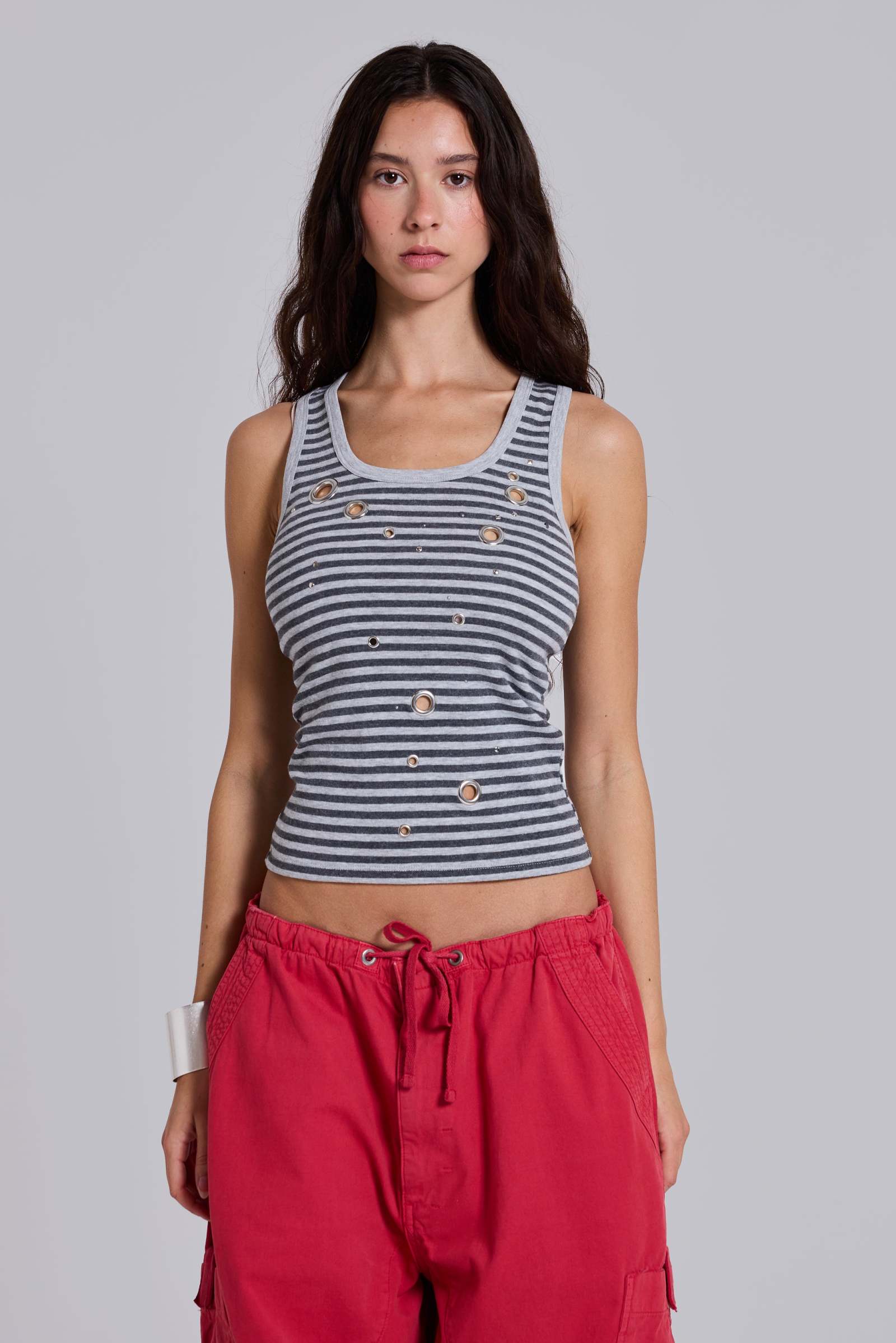 Eye Contact Vest Top With Eyelets in Stripe