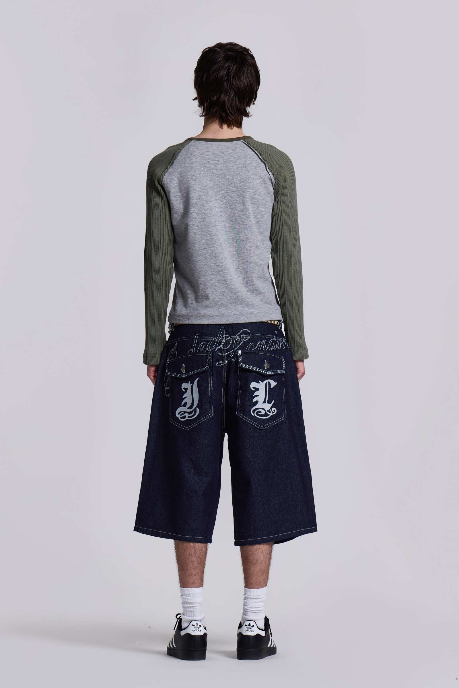 JADED LONDON Creased Indigo Jorts ジョーツ Creased Indigo Colossus Jorts | Jaded London