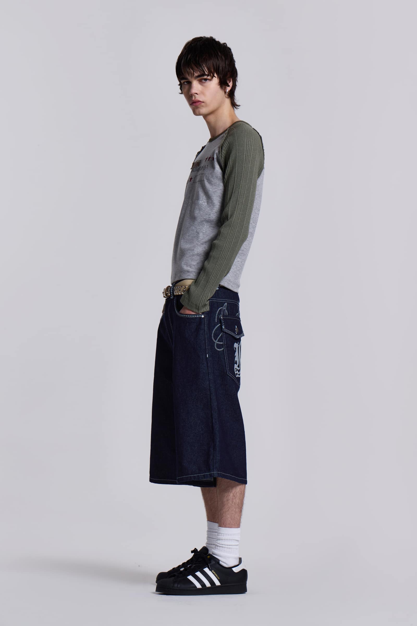 JADED LONDON Creased Indigo Jorts ジョーツ Creased Indigo Colossus Jorts | Jaded London