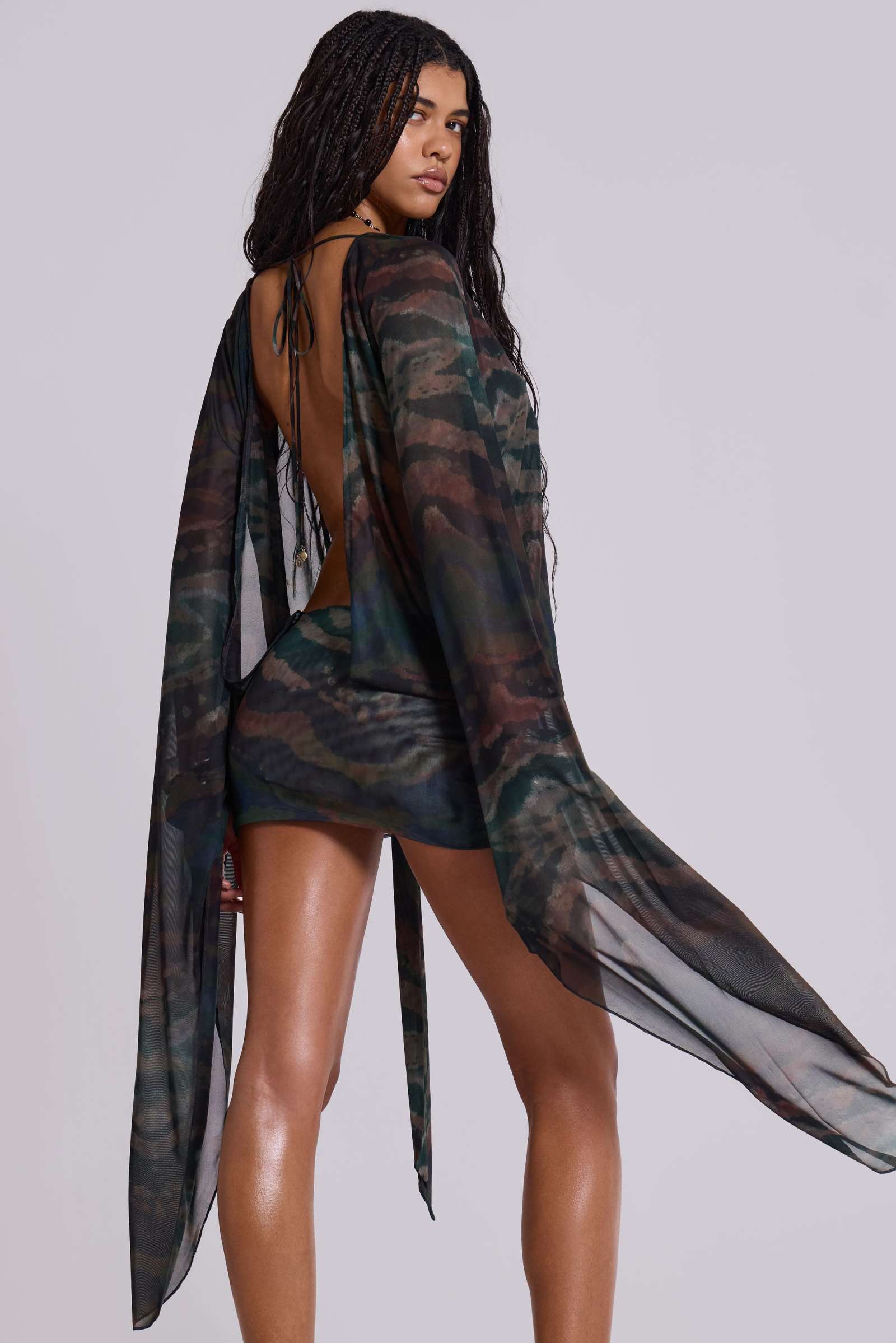 Aria Mesh Plunge Mini Dress in Labyrinth