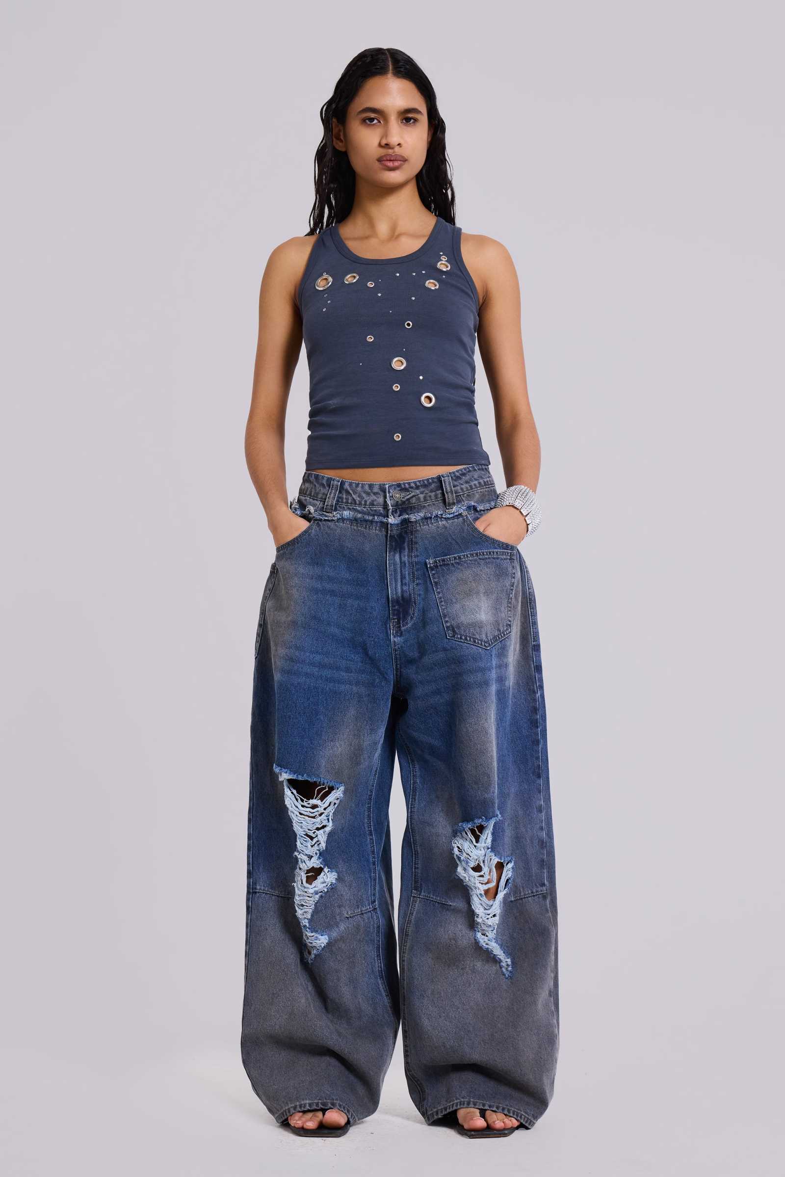 Eye Contact Vest Top With Eyelets in Grey