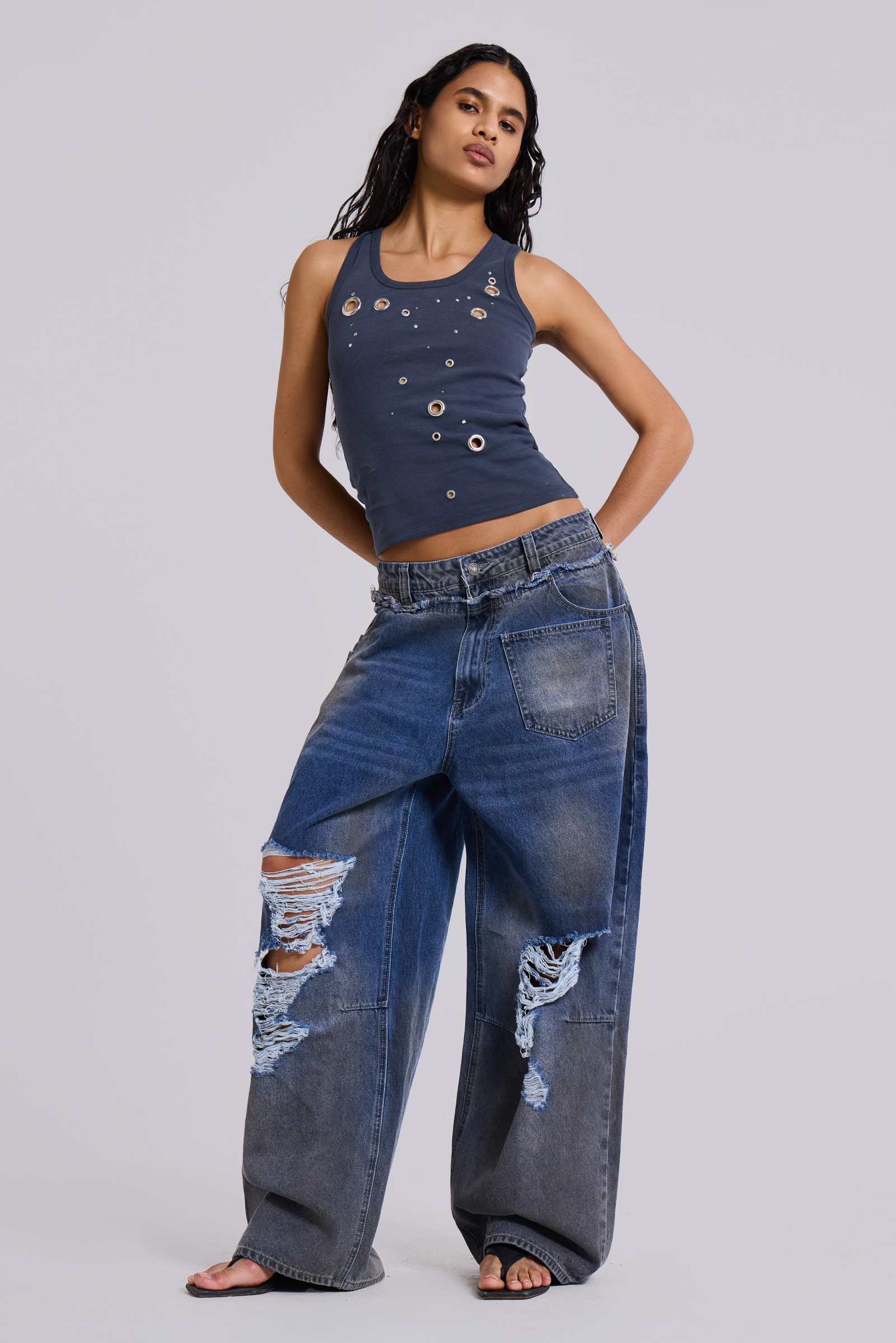 Eye Contact Vest Top With Eyelets in Grey