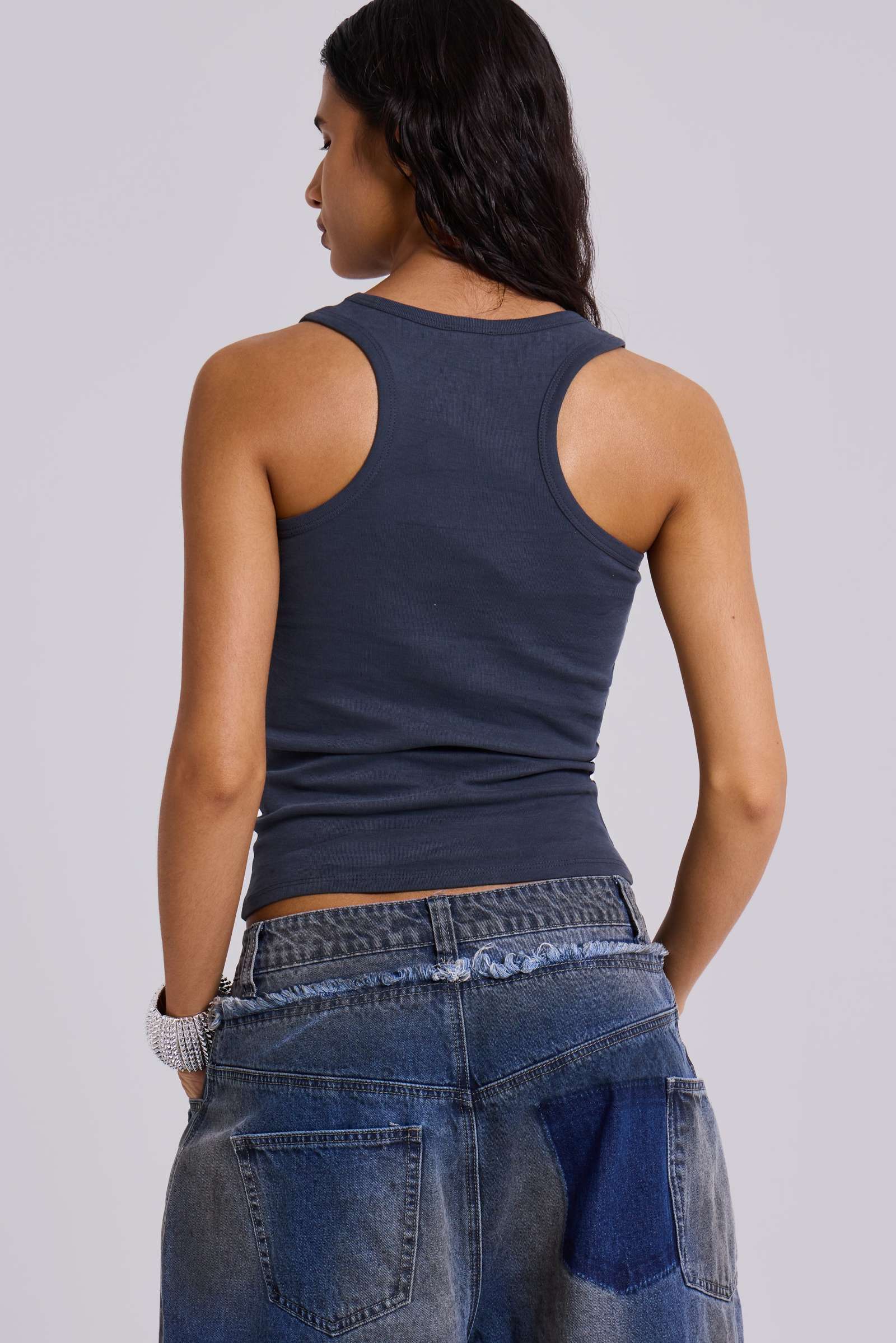 Eye Contact Vest Top With Eyelets in Grey