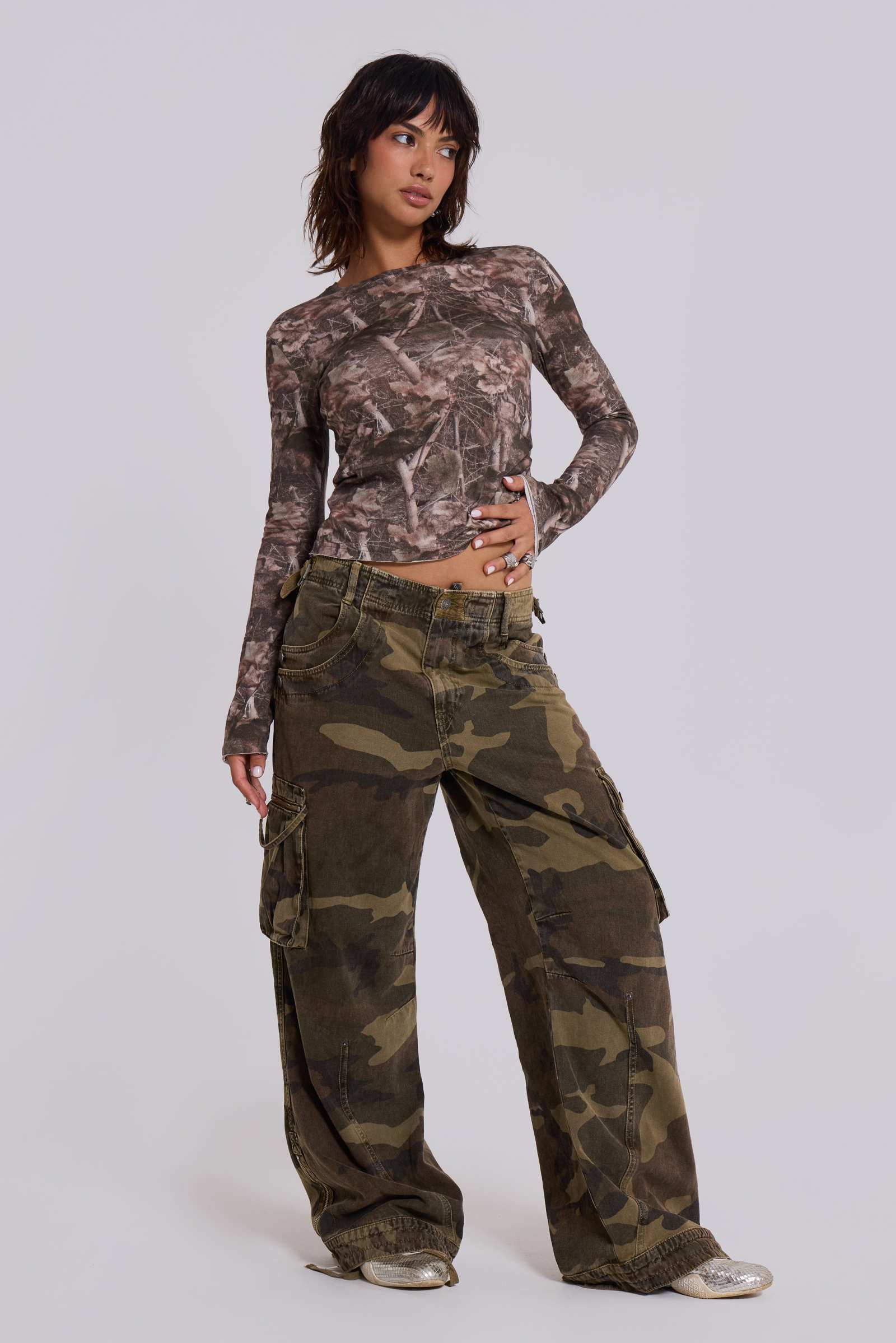 Relaxed Fit Camouflage Trousers Womens Uk Grey Washed Camo Wide