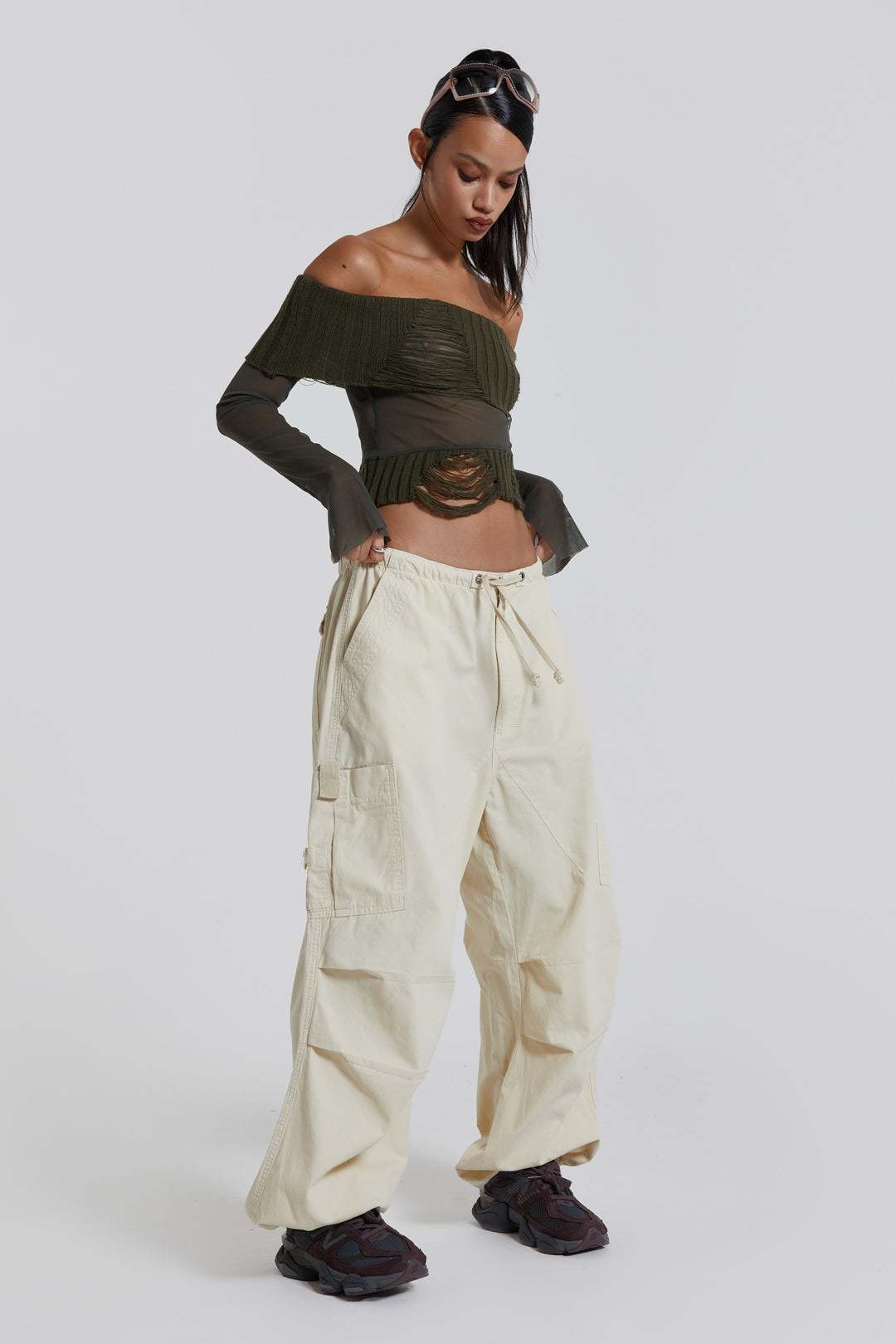 Ecru Parachute Cargo Pants