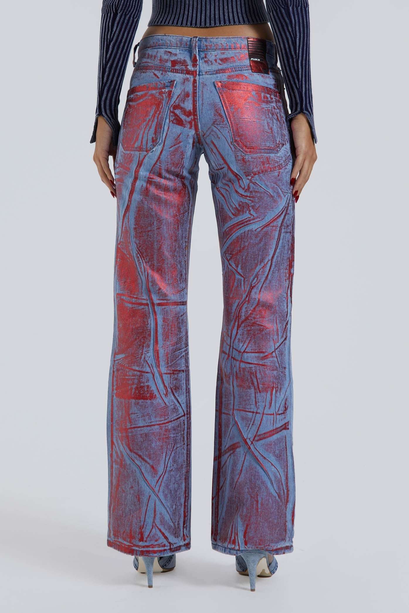 Blue & Red Distressed Foil Low Rise 00's Jeans | Jaded London