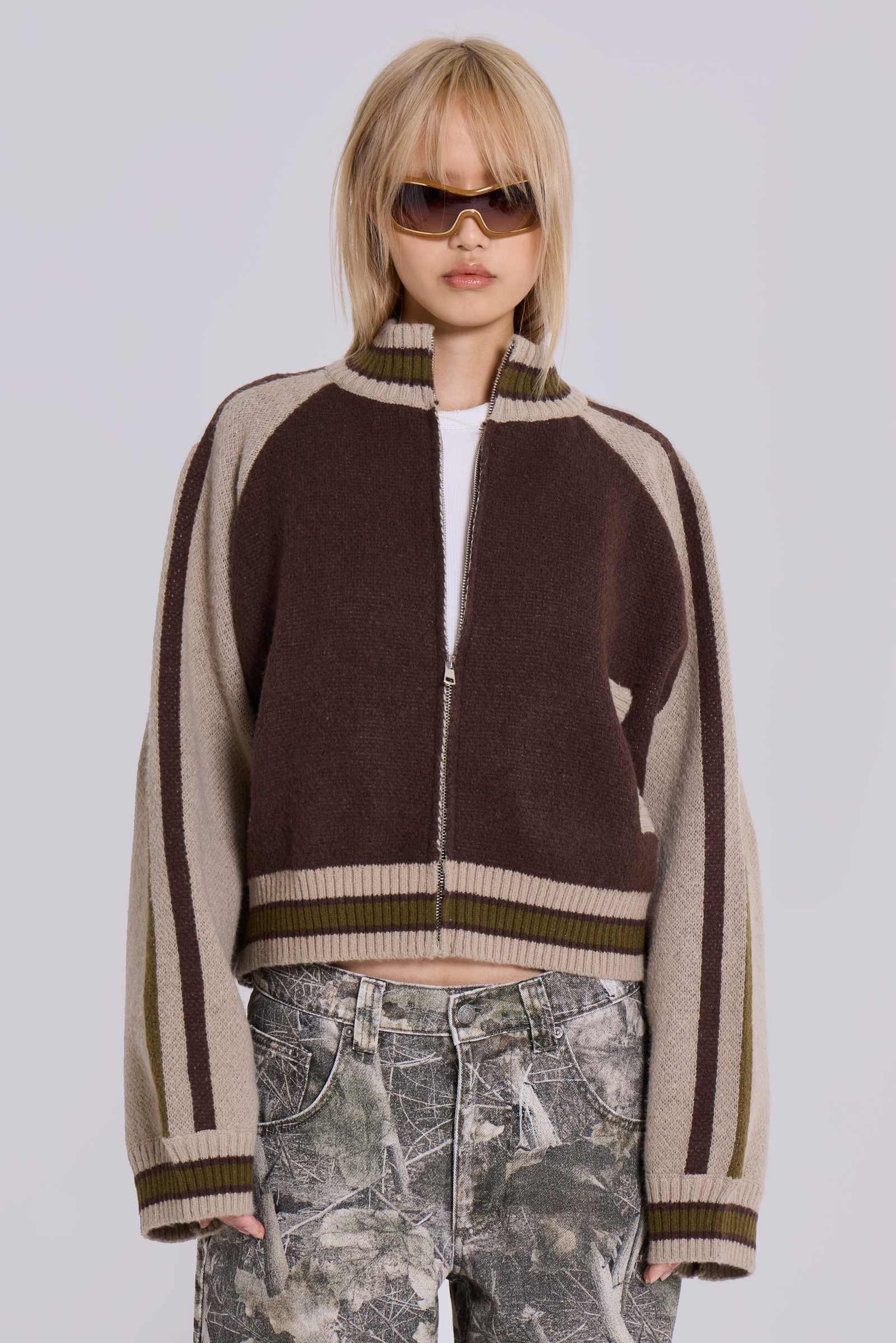 Brown Team 85 Knitted Bomber Jacket