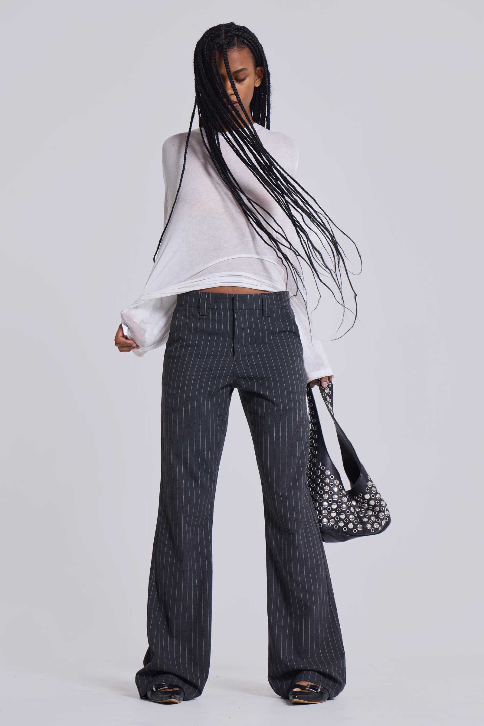 Grey Pinstripe Stacked Bootcut Suit Pants