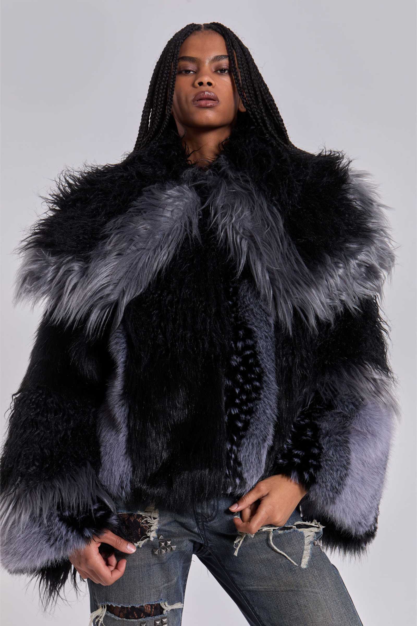 Oksana Patchwork Faux Fur Coat in Black
