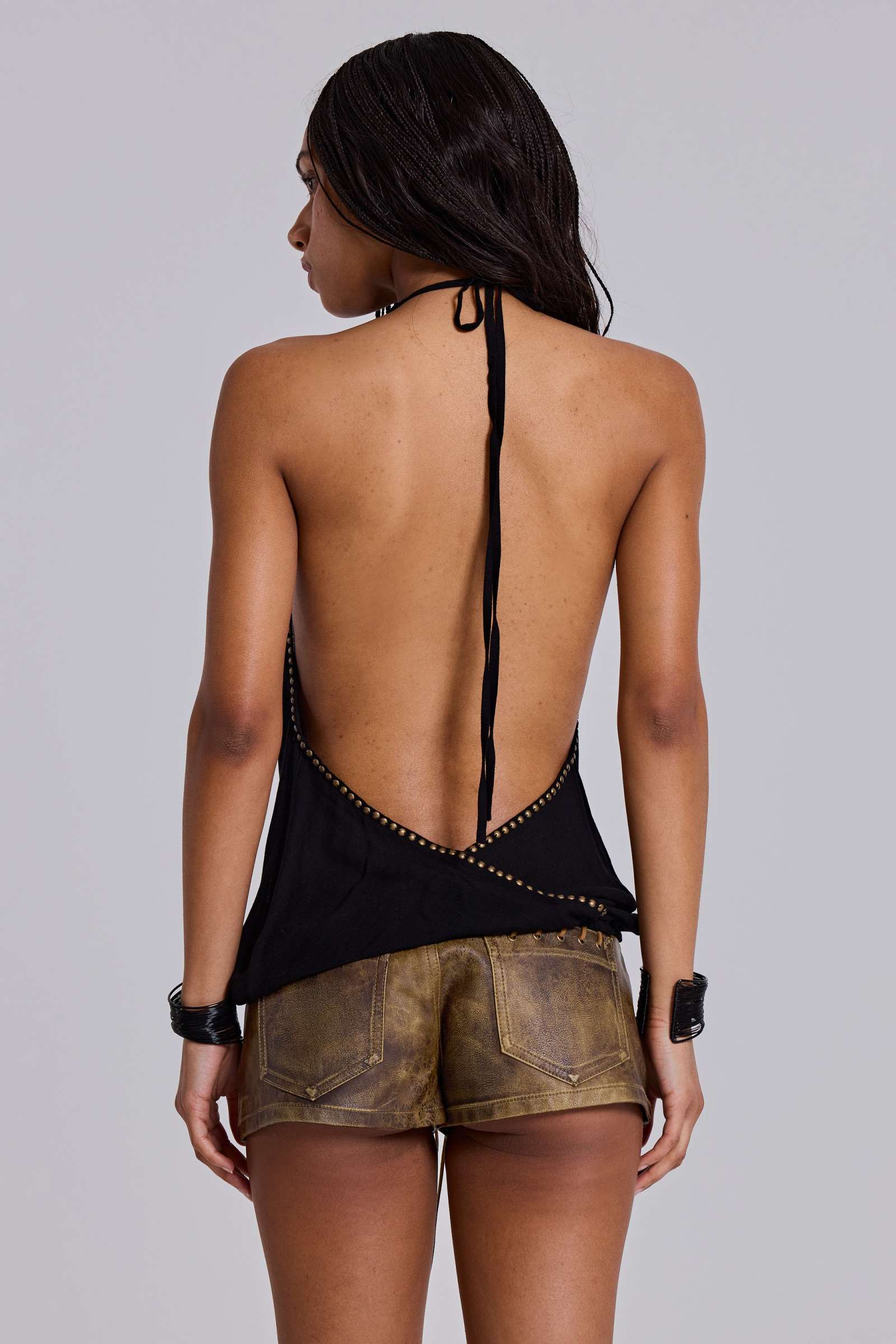 Vaca Whipstitch Faux Leather Mini Shorts in Brown