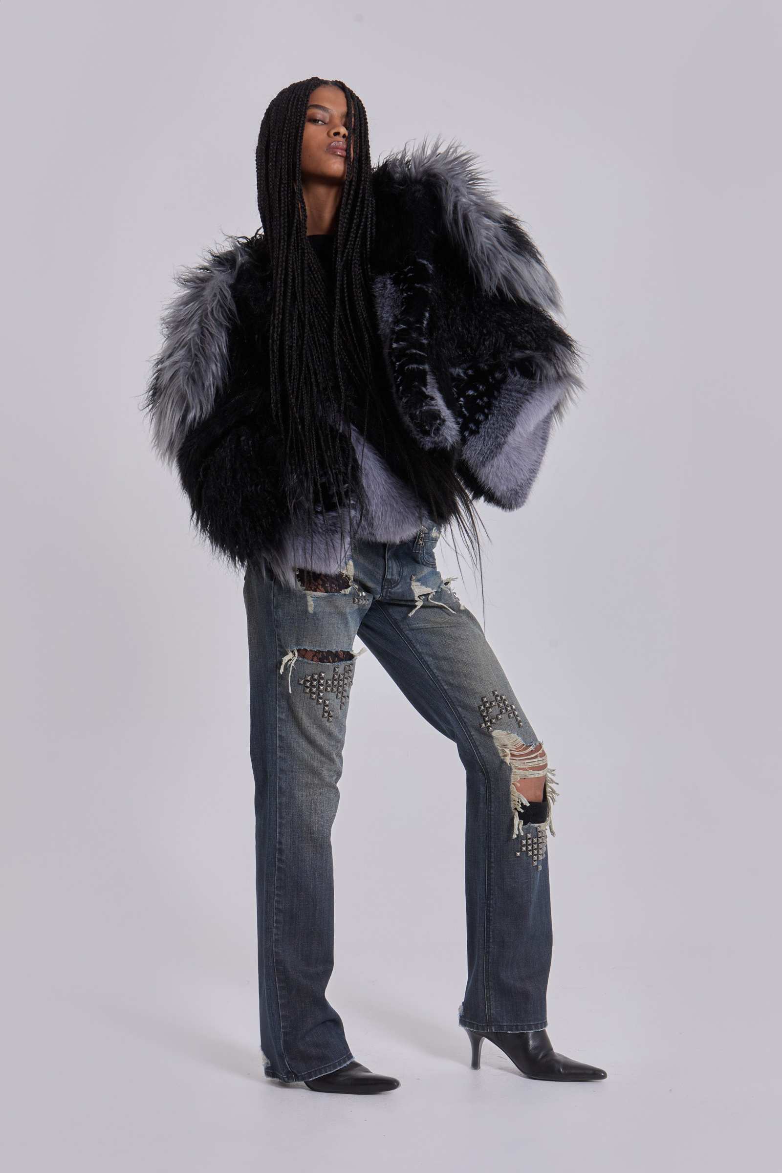 Oksana Patchwork Faux Fur Coat in Black