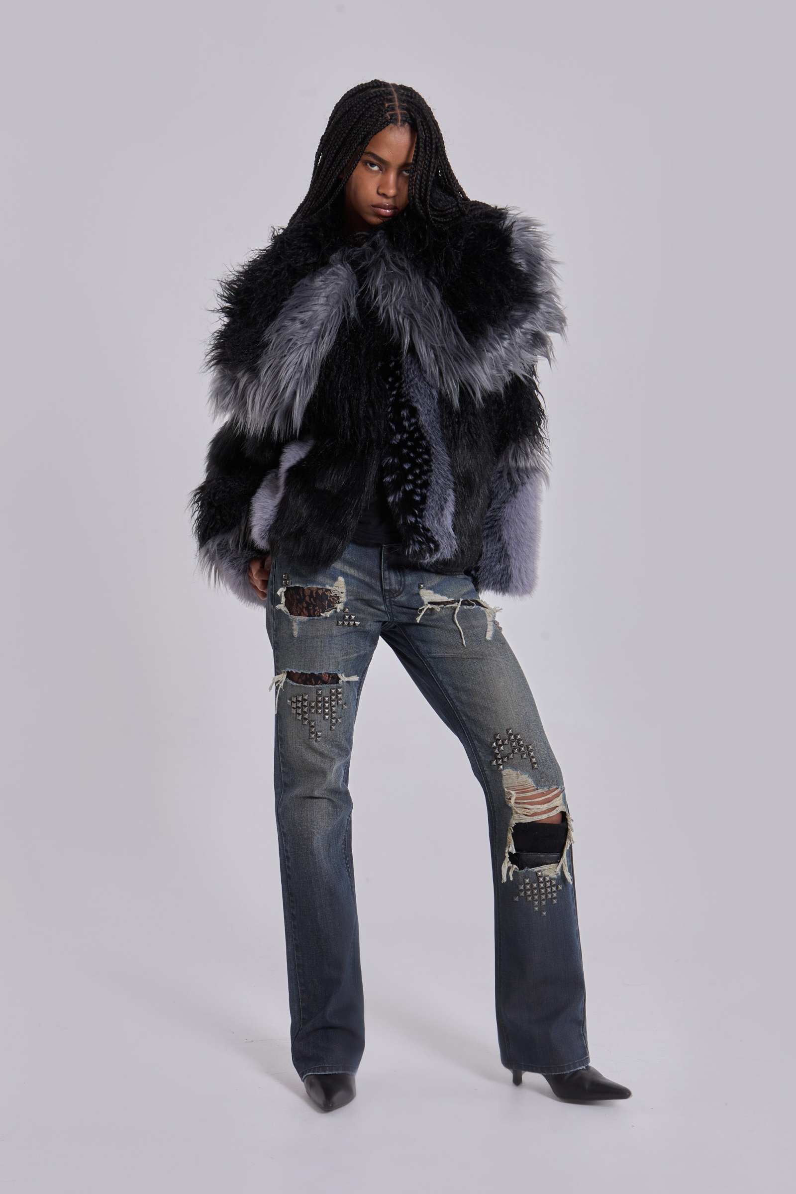 Oksana Patchwork Faux Fur Coat in Black