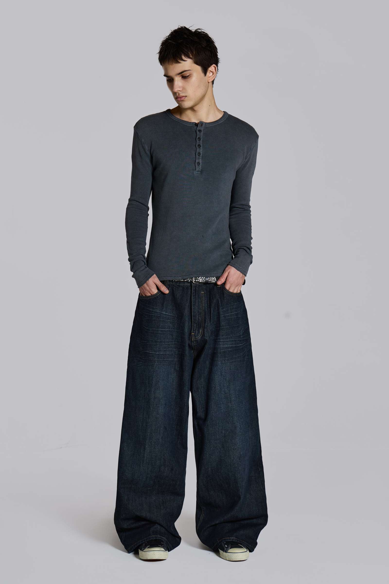 Charcoal Waffle Henley Top