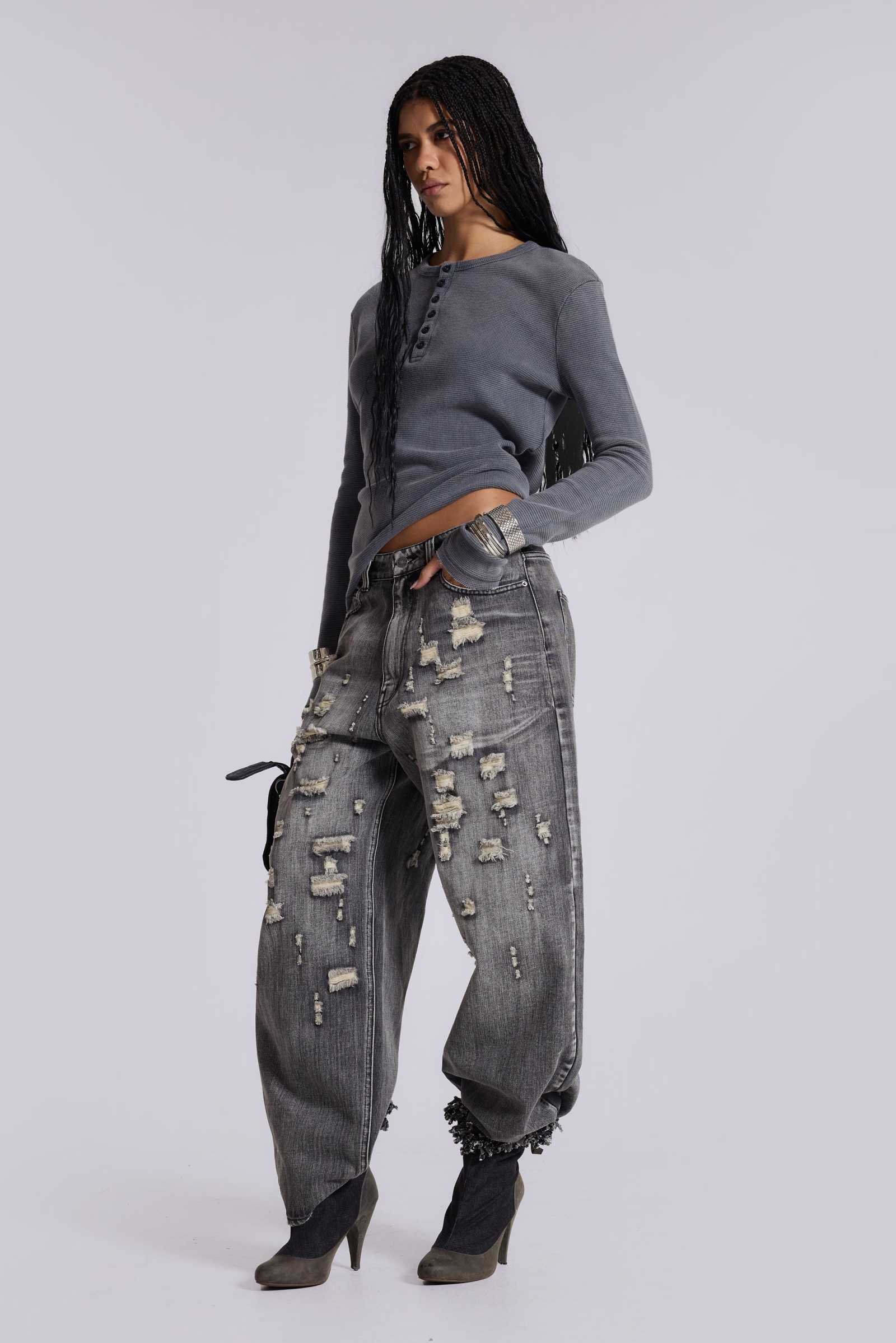 Charcoal Waffle Henley Top