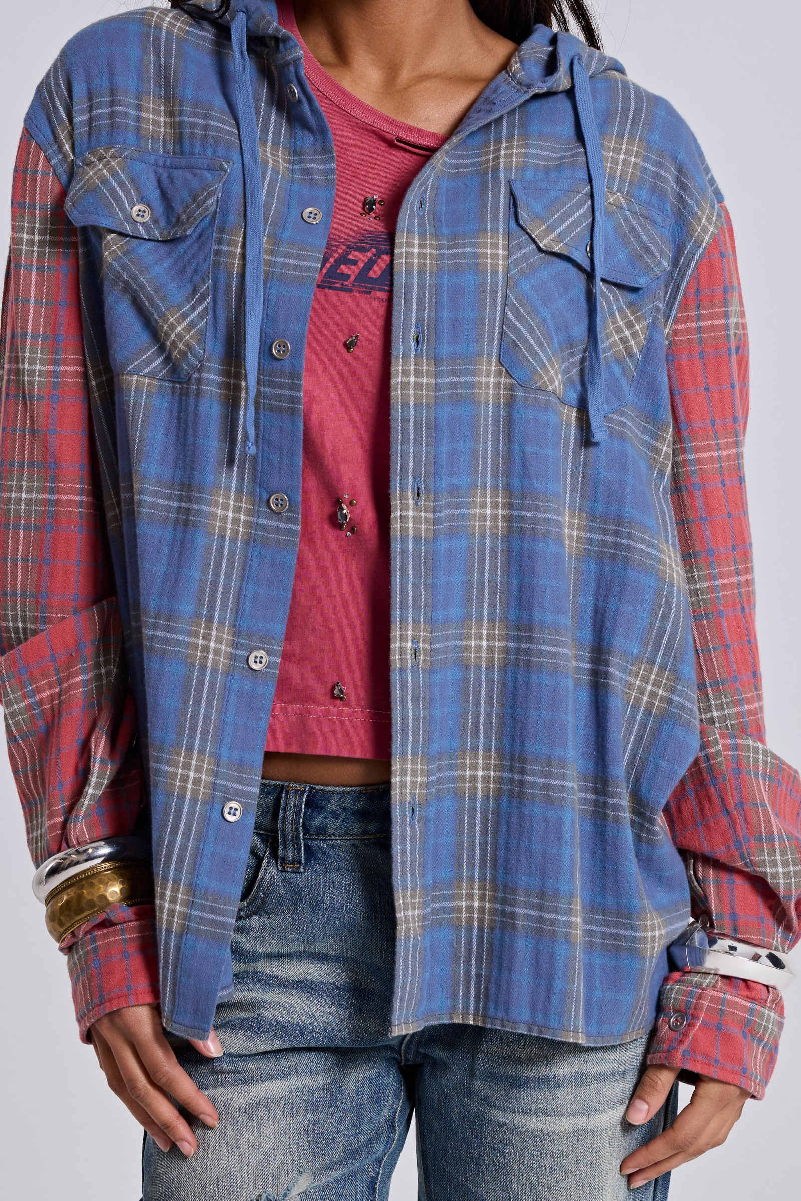 Checked Button-Up Hooded Shirt