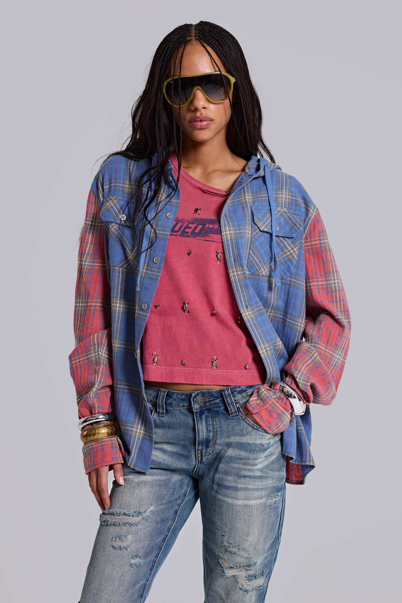 Checked Button-Up Hooded Shirt