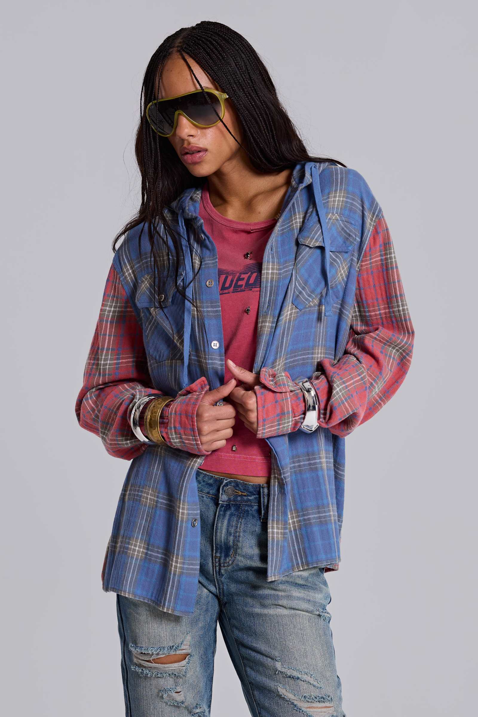Checked Button-Up Hooded Shirt