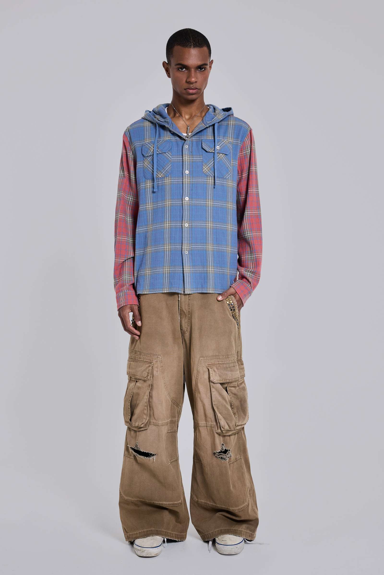 Checked Button-Up Hooded Shirt