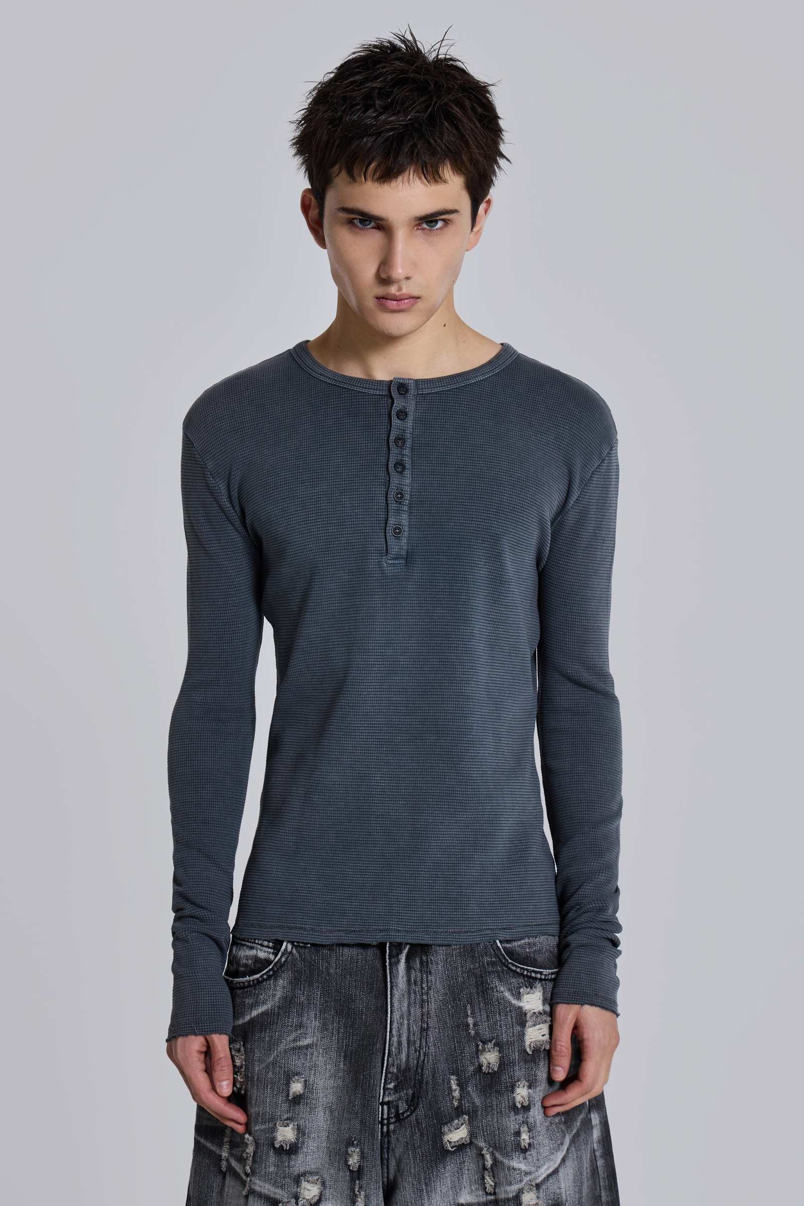 Charcoal Waffle Henley Top