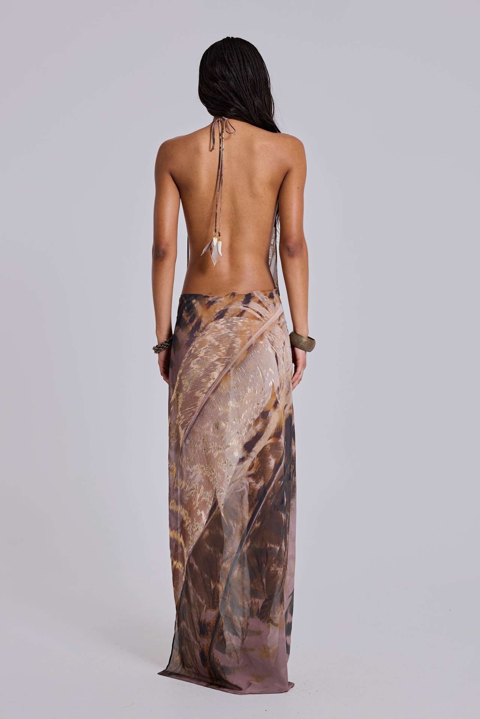 Alameda Metallic Cowl Backless Chiffon Maxi Dress