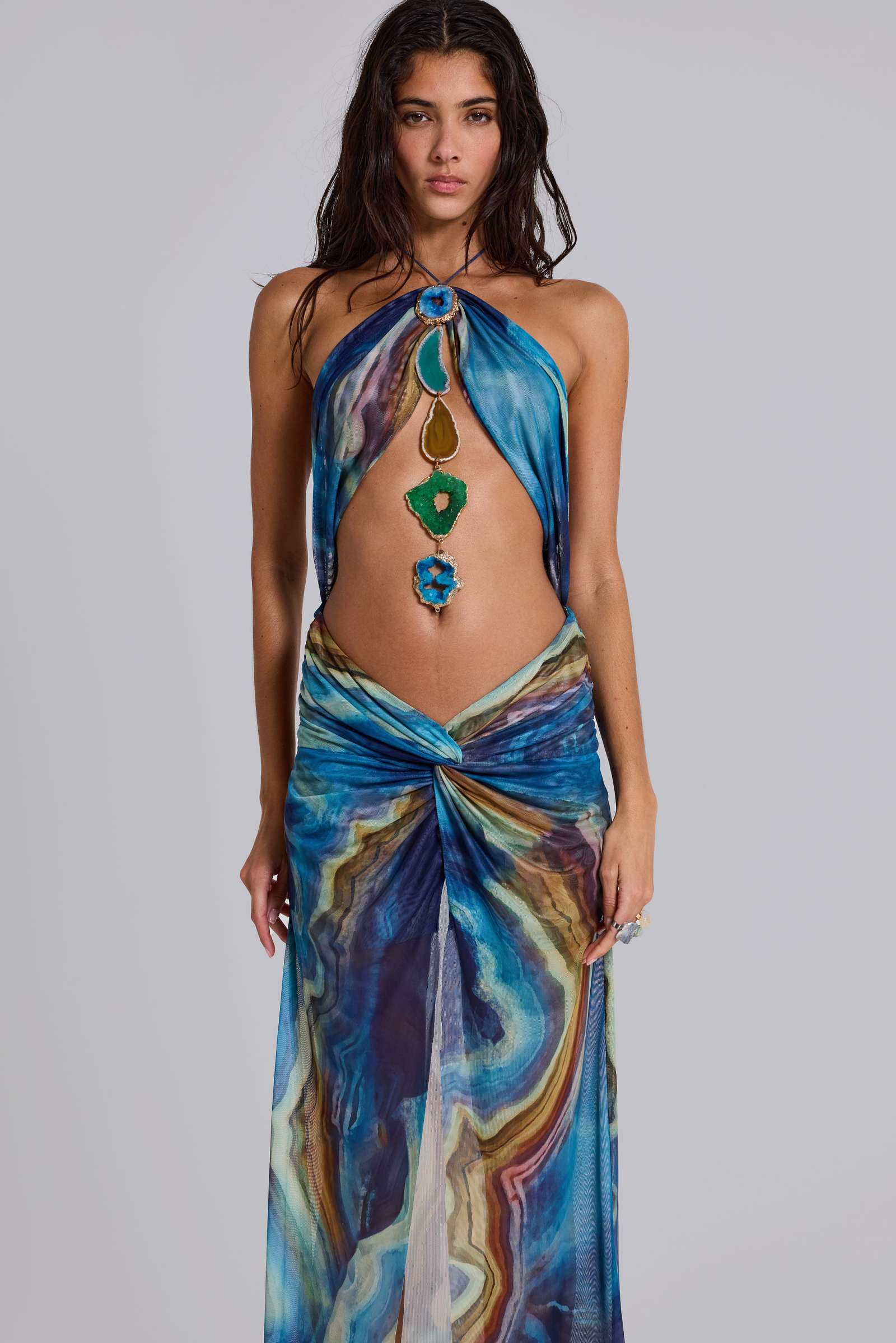 Quartz Halter Maxi Dress with Crystals