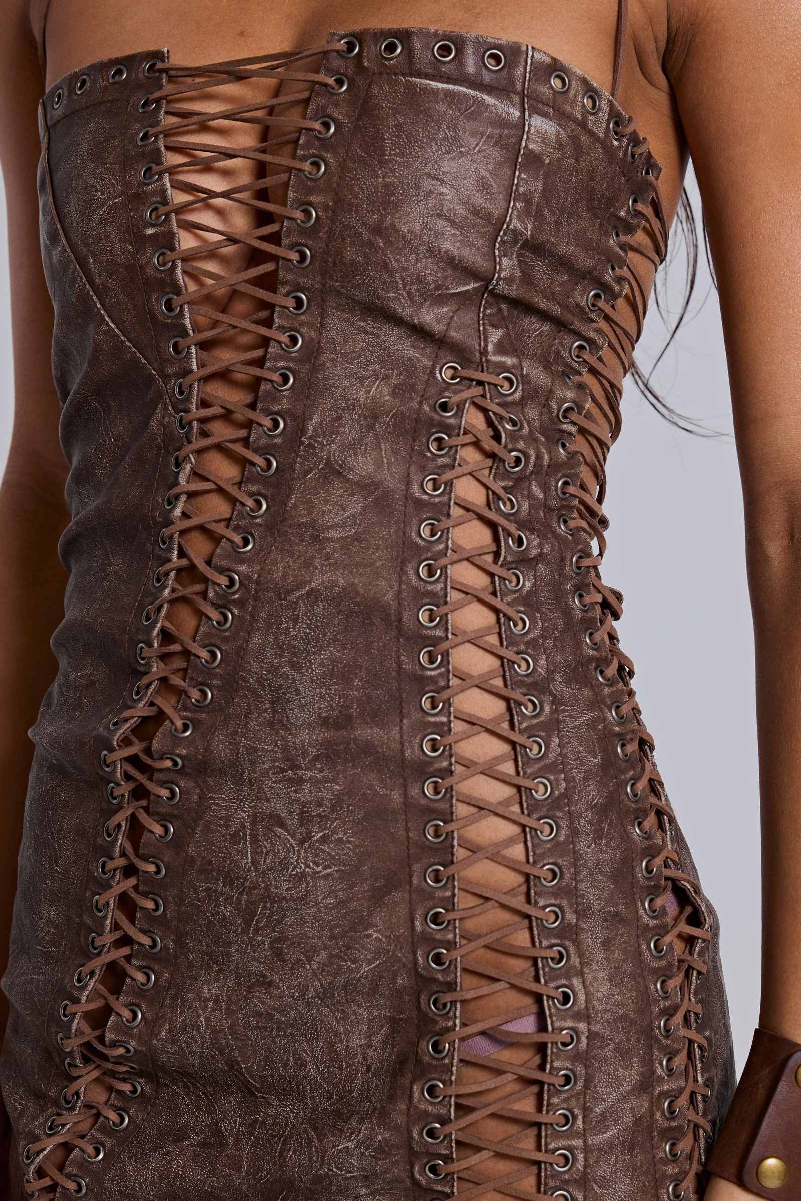 Odile Brown Faux Leather Lace Up Mini Dress