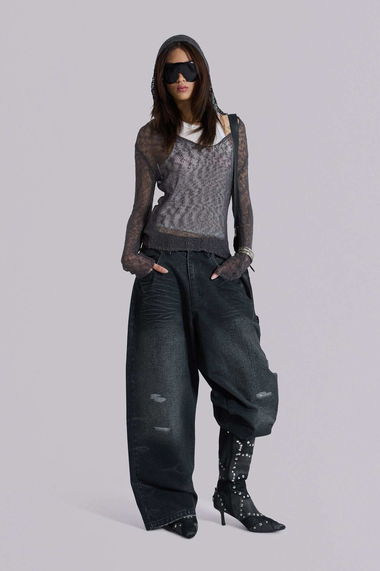 Naia Loose Knit Hooded Top in Charcoal