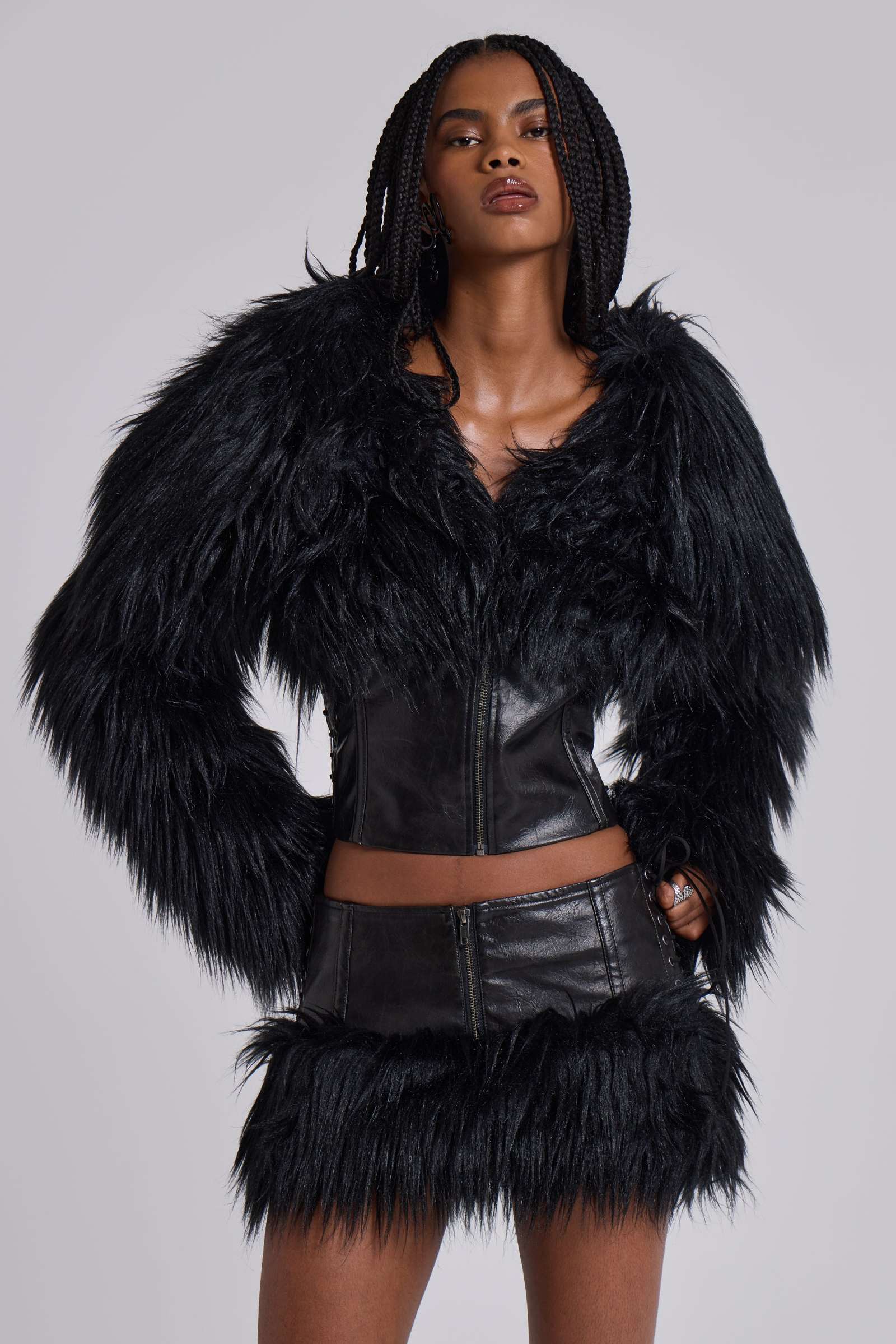 Viera Faux Fur and Leather Mini Skirt
