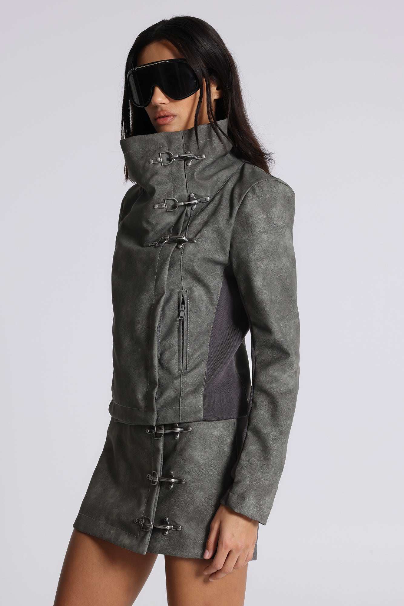 Cera Clasp PU Leather Funnel Jacket